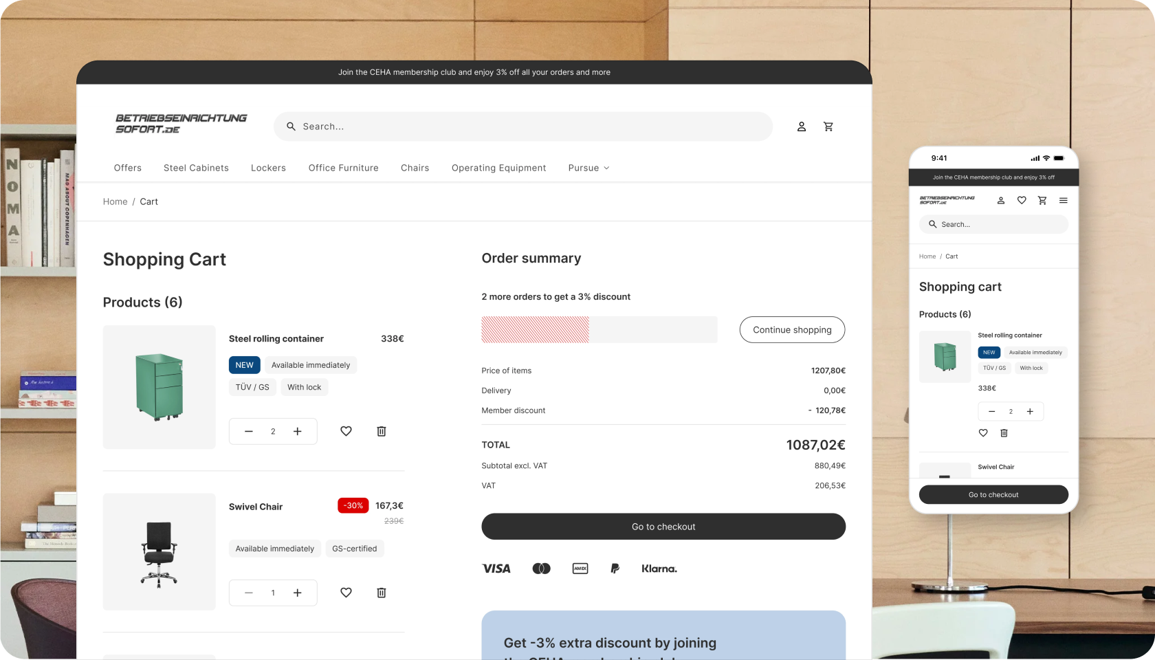 BES E-commerce shopping cart page showing products, quantity selectors, price summary, and checkout button.