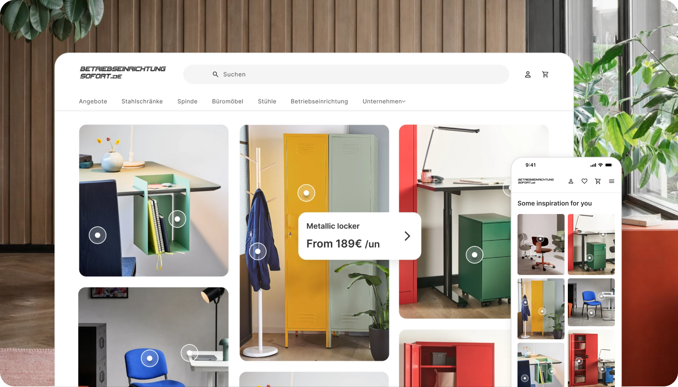 BES Website interface displaying office furniture products including lockers, chairs, and desks in a modern room.