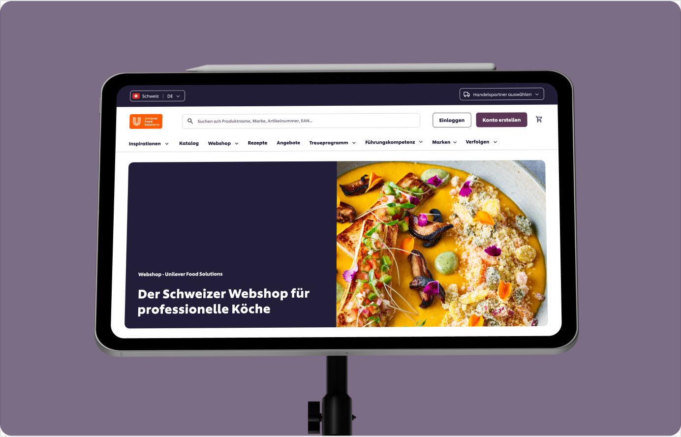 Tablet screen displaying Swiss Unilever Food Solutions webshop for professional chefs with food dish image.