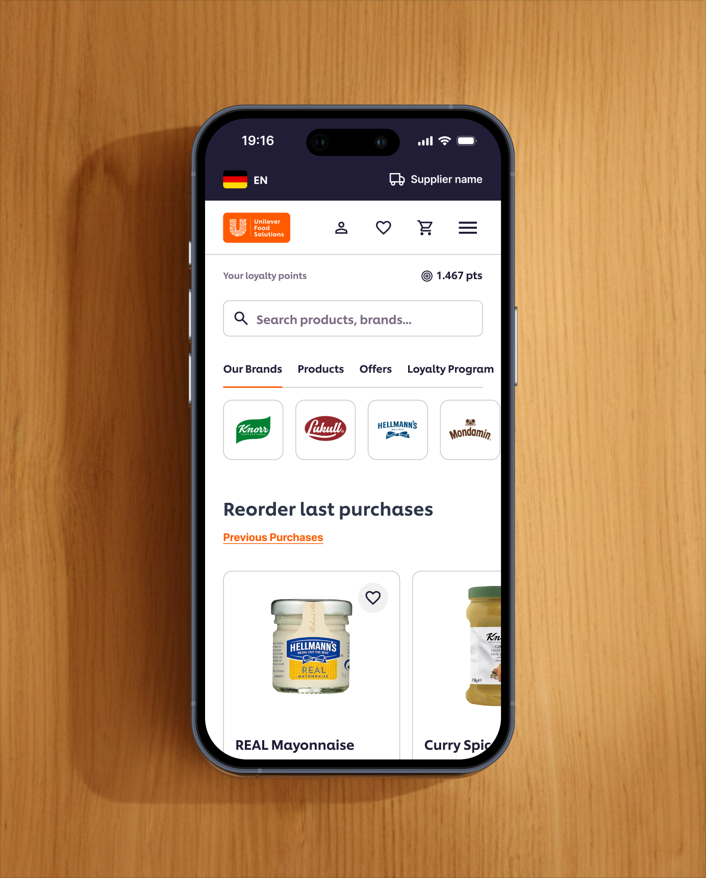 Mobile screen showing Unilever Food Solutions app with loyalty points, product search, and reorder options.