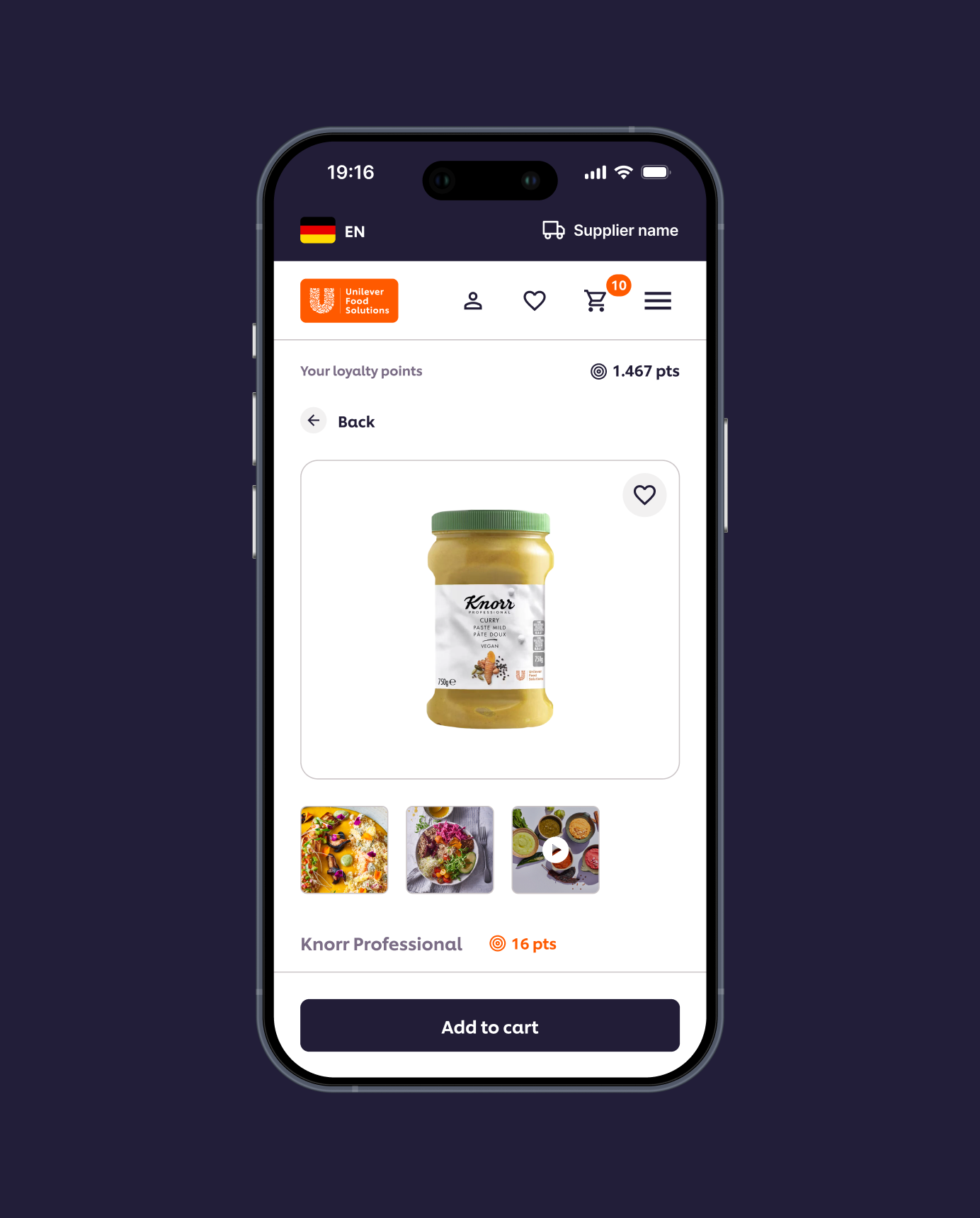 Unilever Food Solutions Webshop Mobile screen showing Knorr Professional curry paste jar and add to cart button with loyalty points.