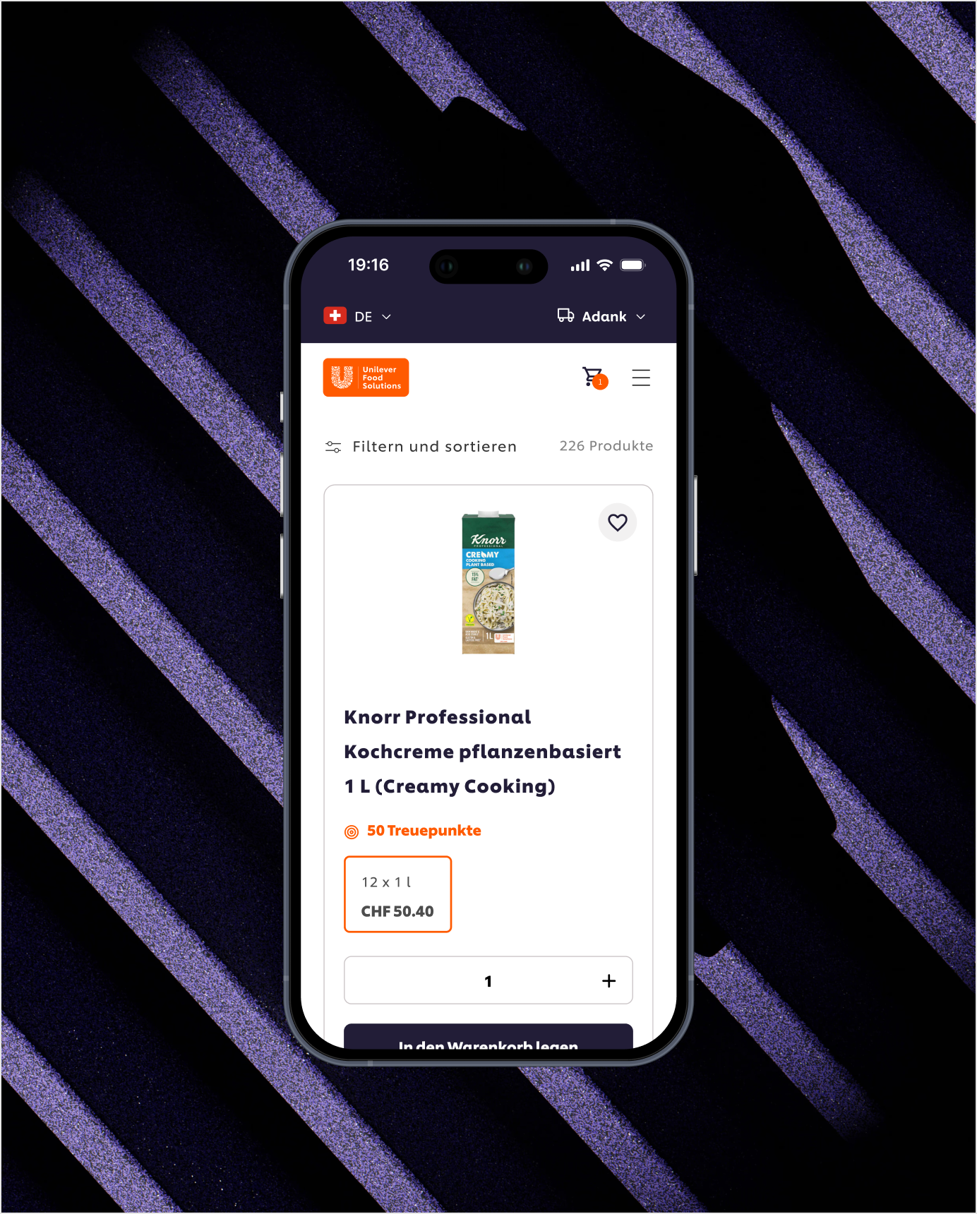 unilever food solutions webshop Mobile screen showing Knorr Professional plant-based cooking cream 1L priced at CHF 50.40 for 12 units.