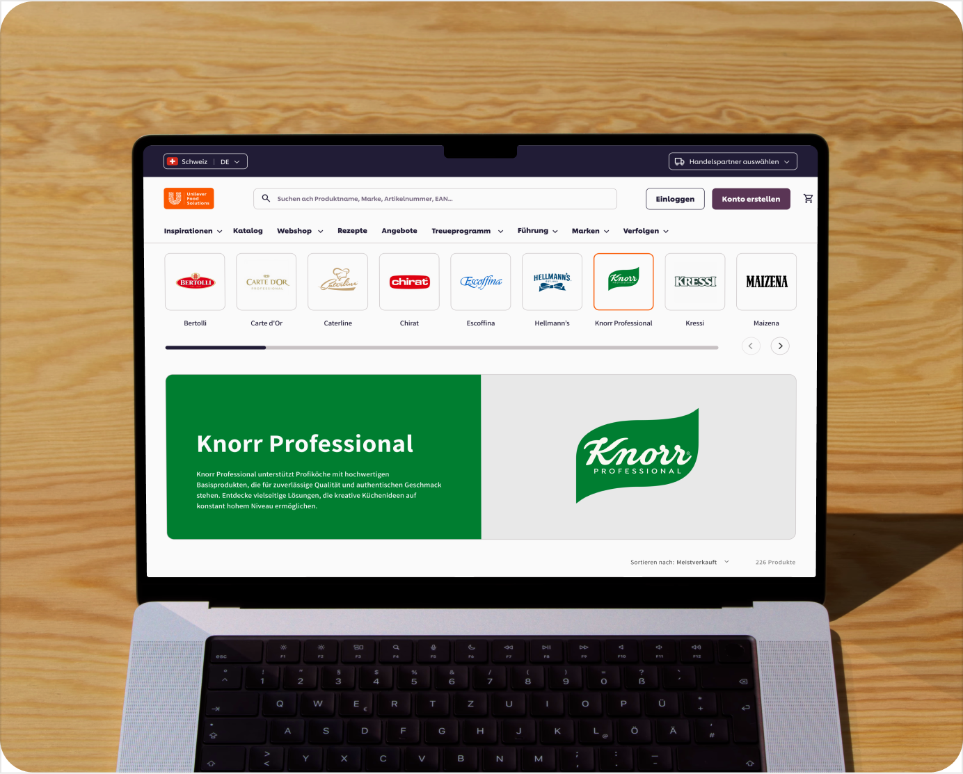 Laptop displaying Unilever Food Solutions website with Knorr Professional section highlighted.