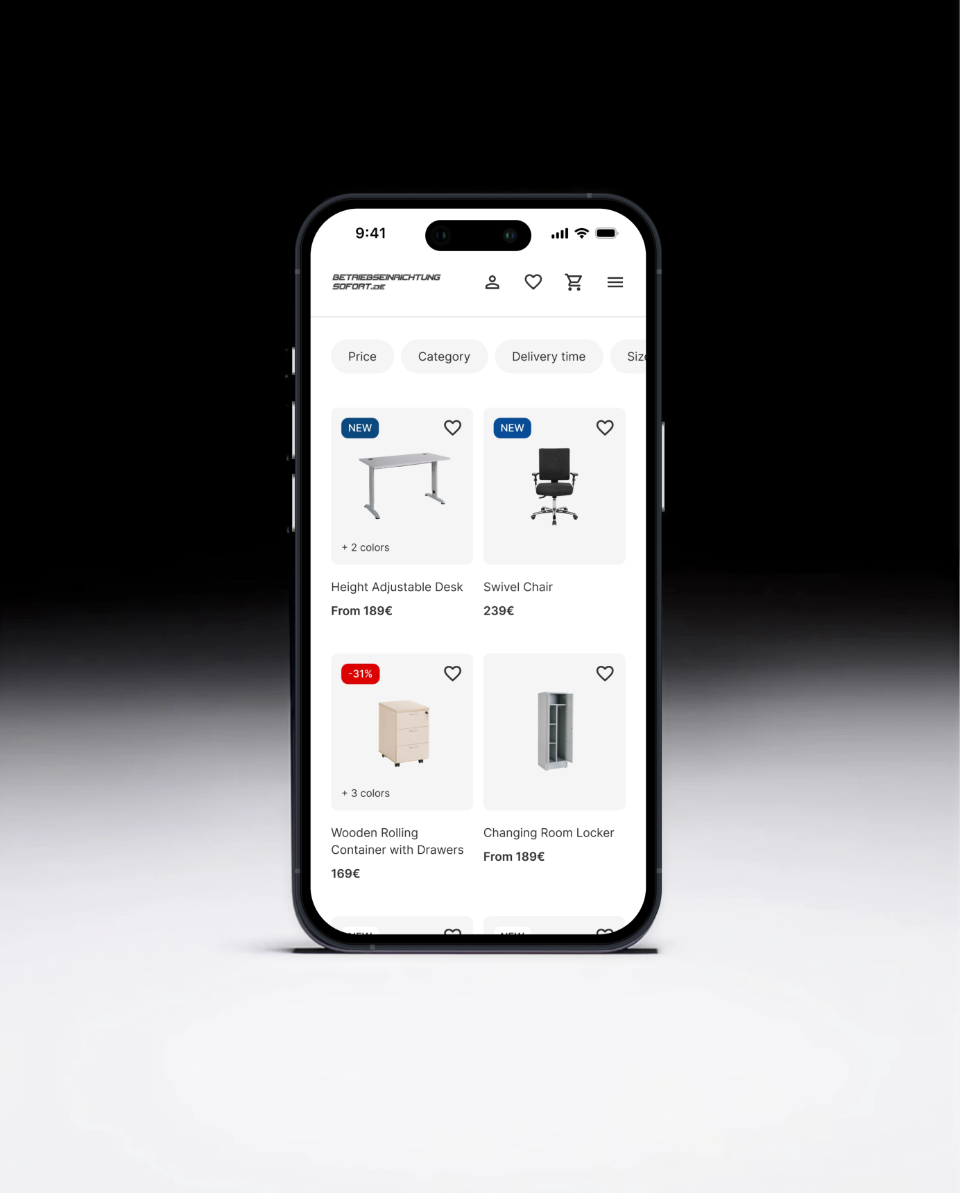 BES webshop showing an office furniture store app with desks, chairs, and storage options.