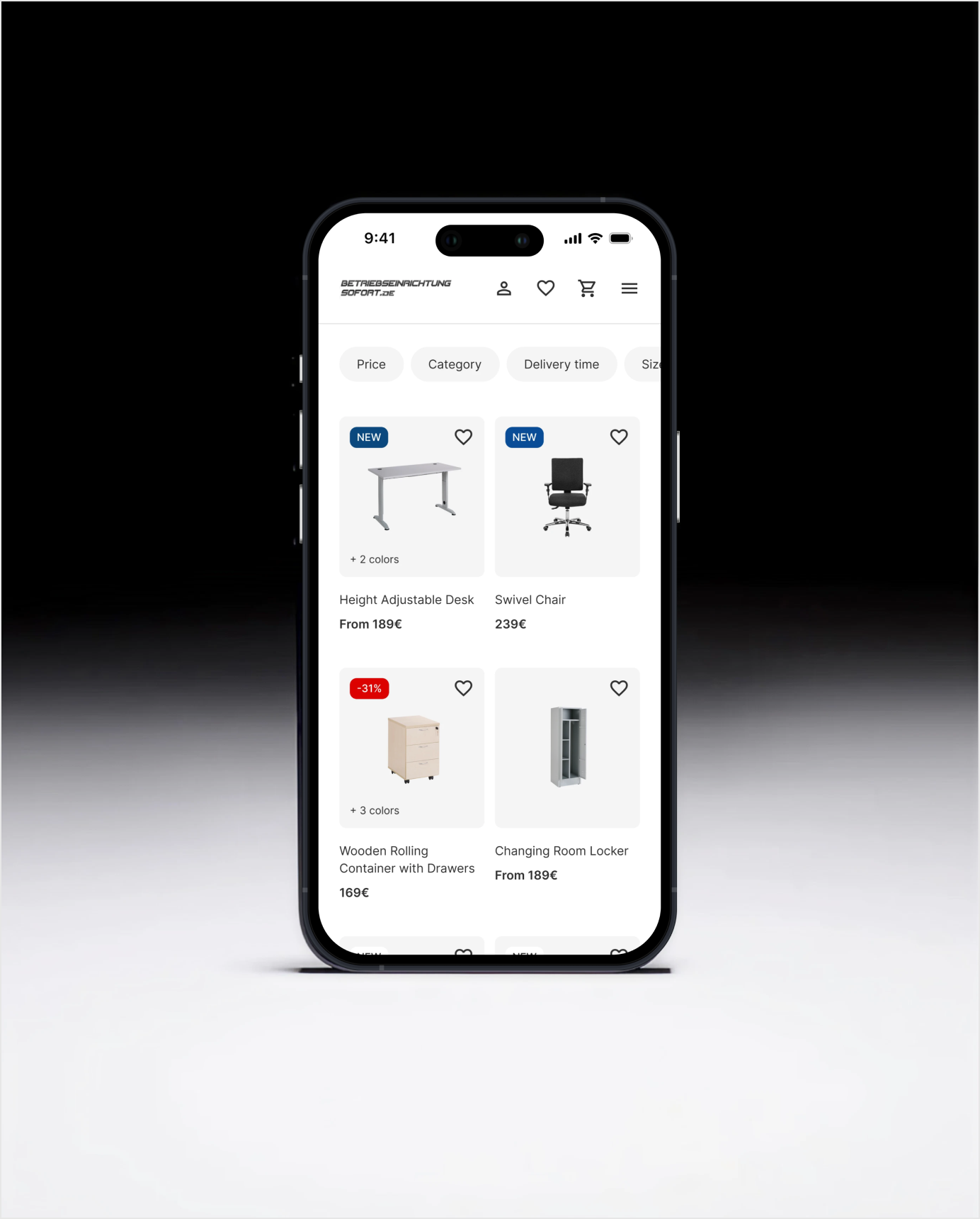 BES webshop showing an office furniture store app with desks, chairs, and storage options.
