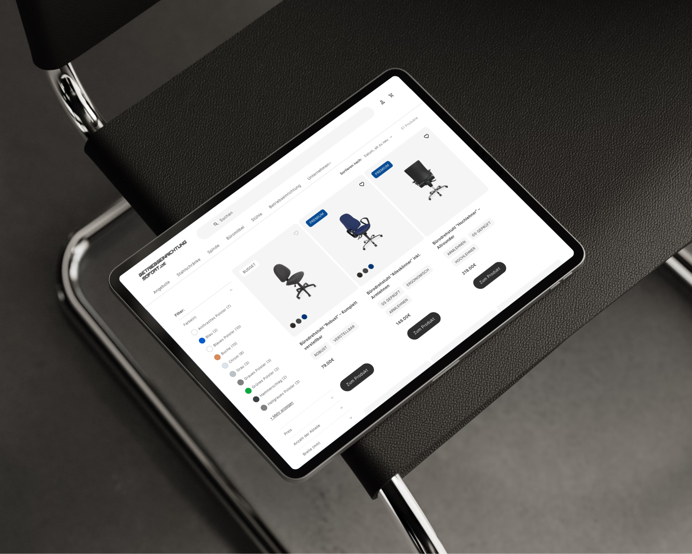 BES webshop website displaying office chairs with price and product filter options on a black chair.