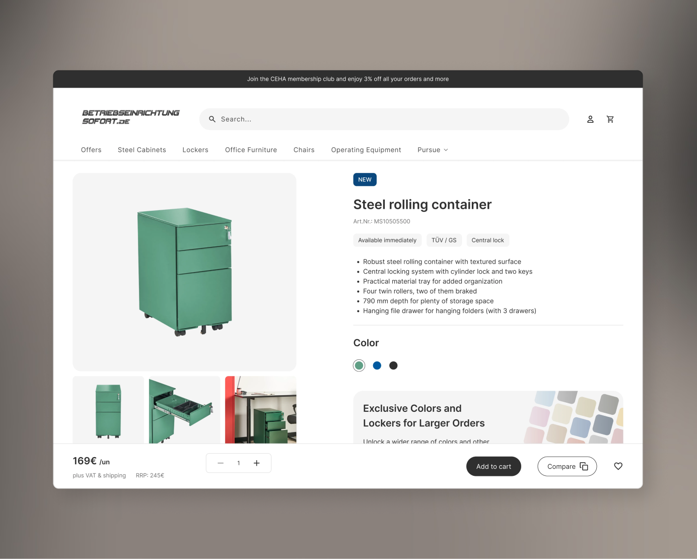 BES Online shop page showing a green steel rolling container with details, pricing, and color options.