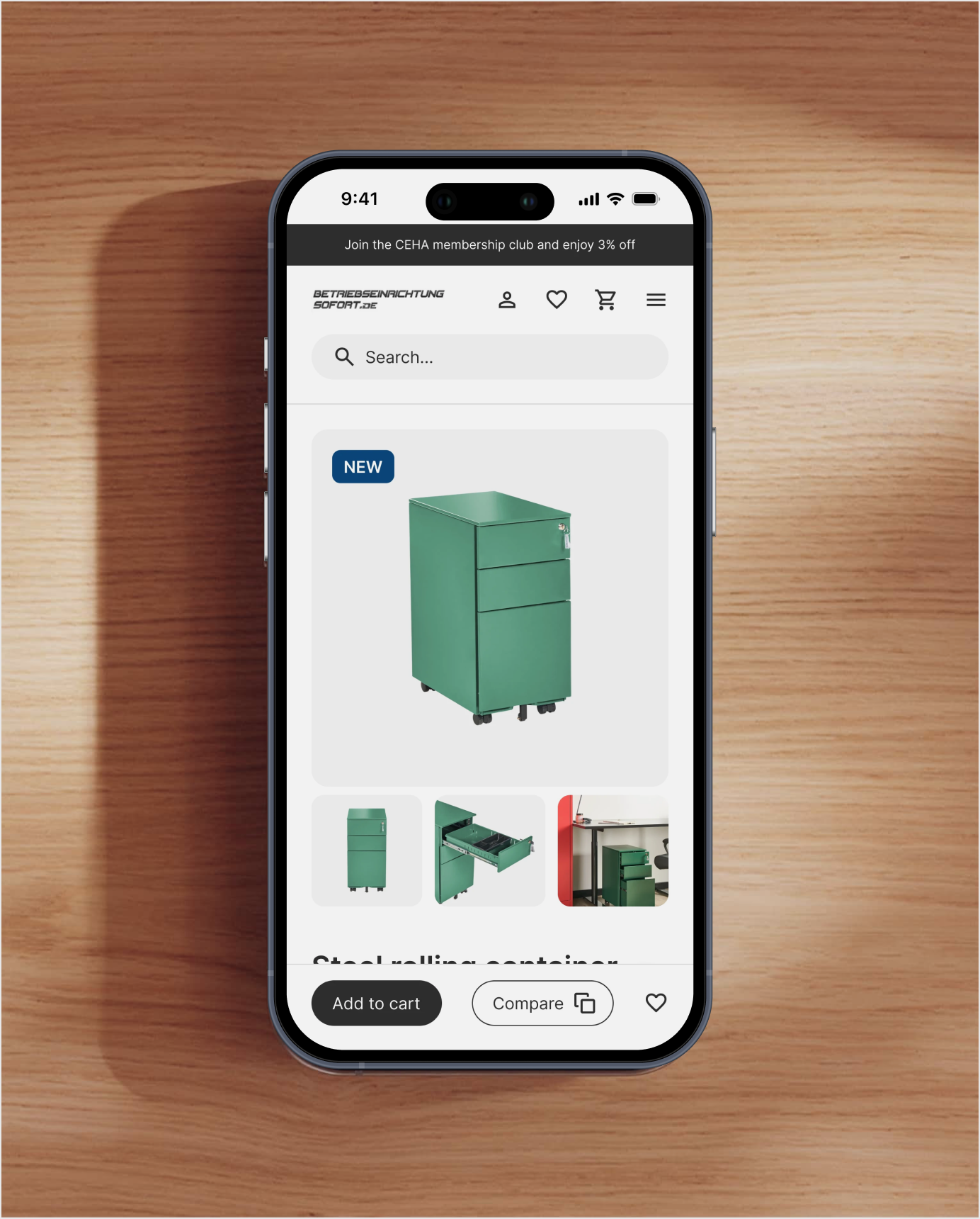 BES webshop showing a green steel rolling container with drawers on an online store page.