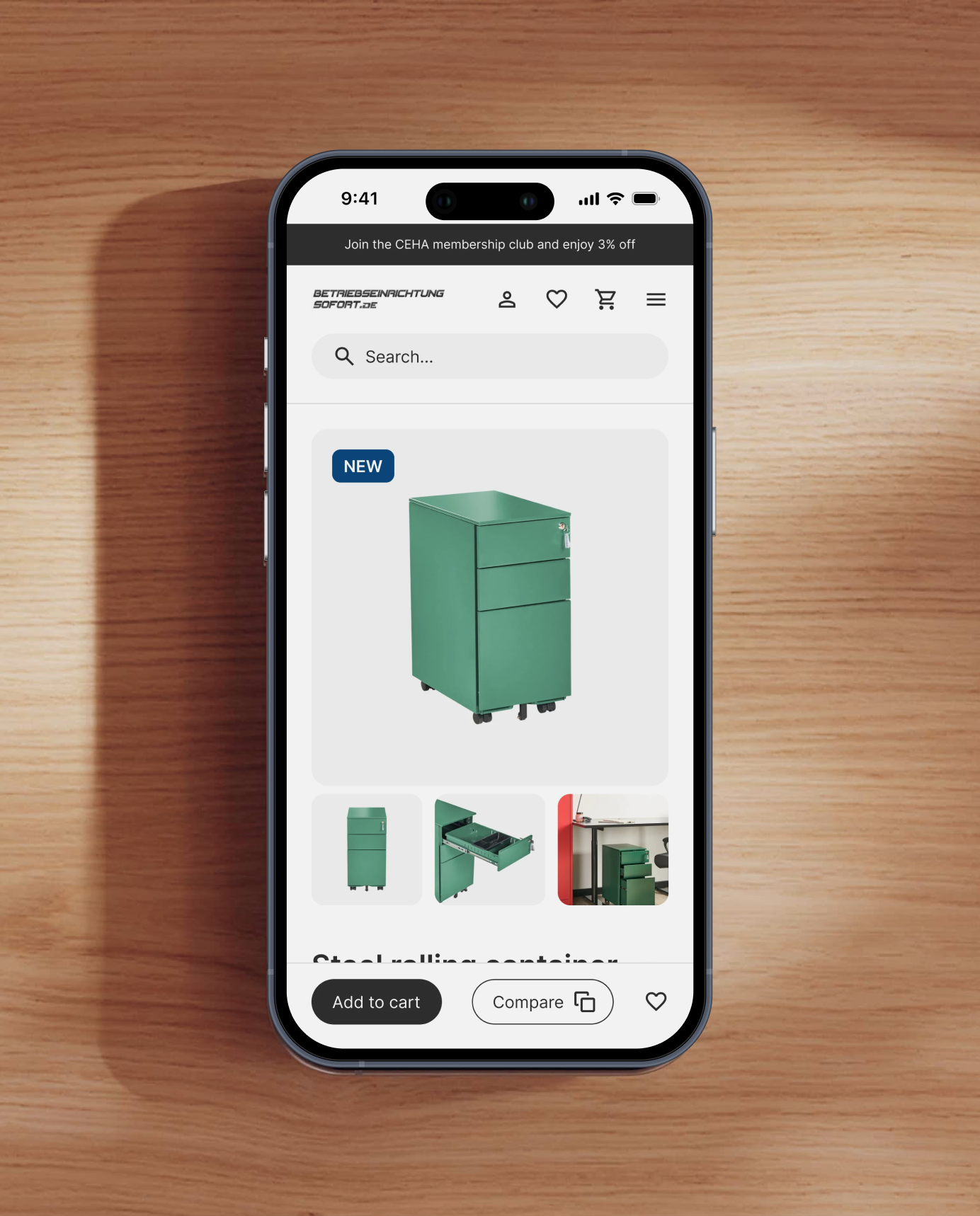BES webshop showing a green steel rolling container with drawers on an online store page.