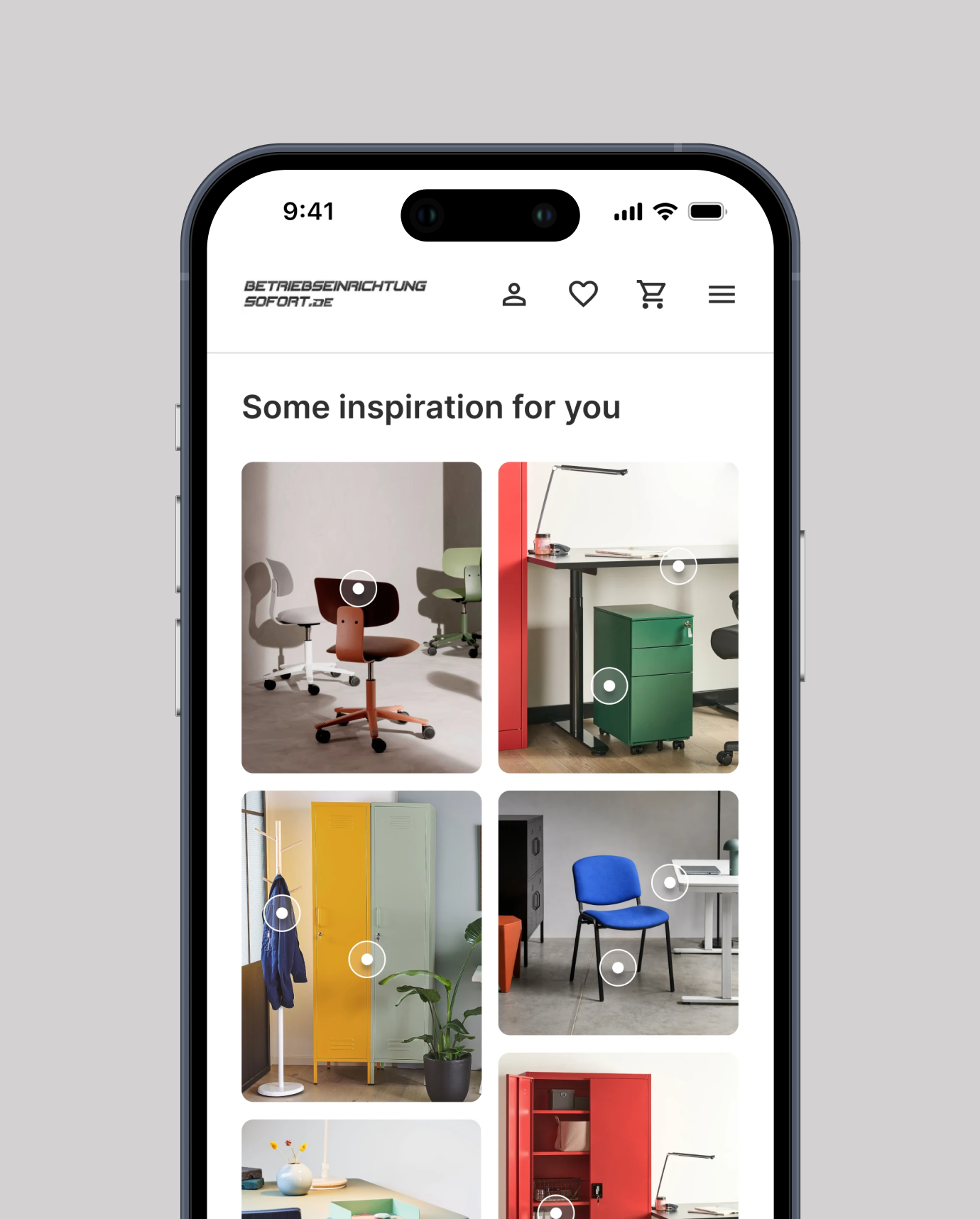 BES webshop showing a workspace furniture catalog with chairs, lockers, and desks for inspiration.