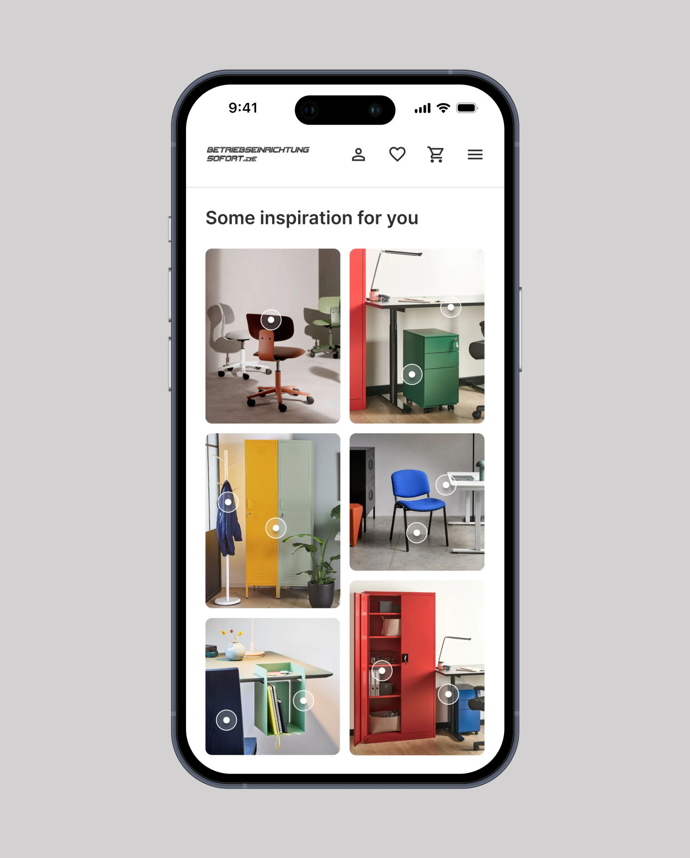 BES webshop showing a workspace furniture catalog with chairs, lockers, and desks for inspiration.