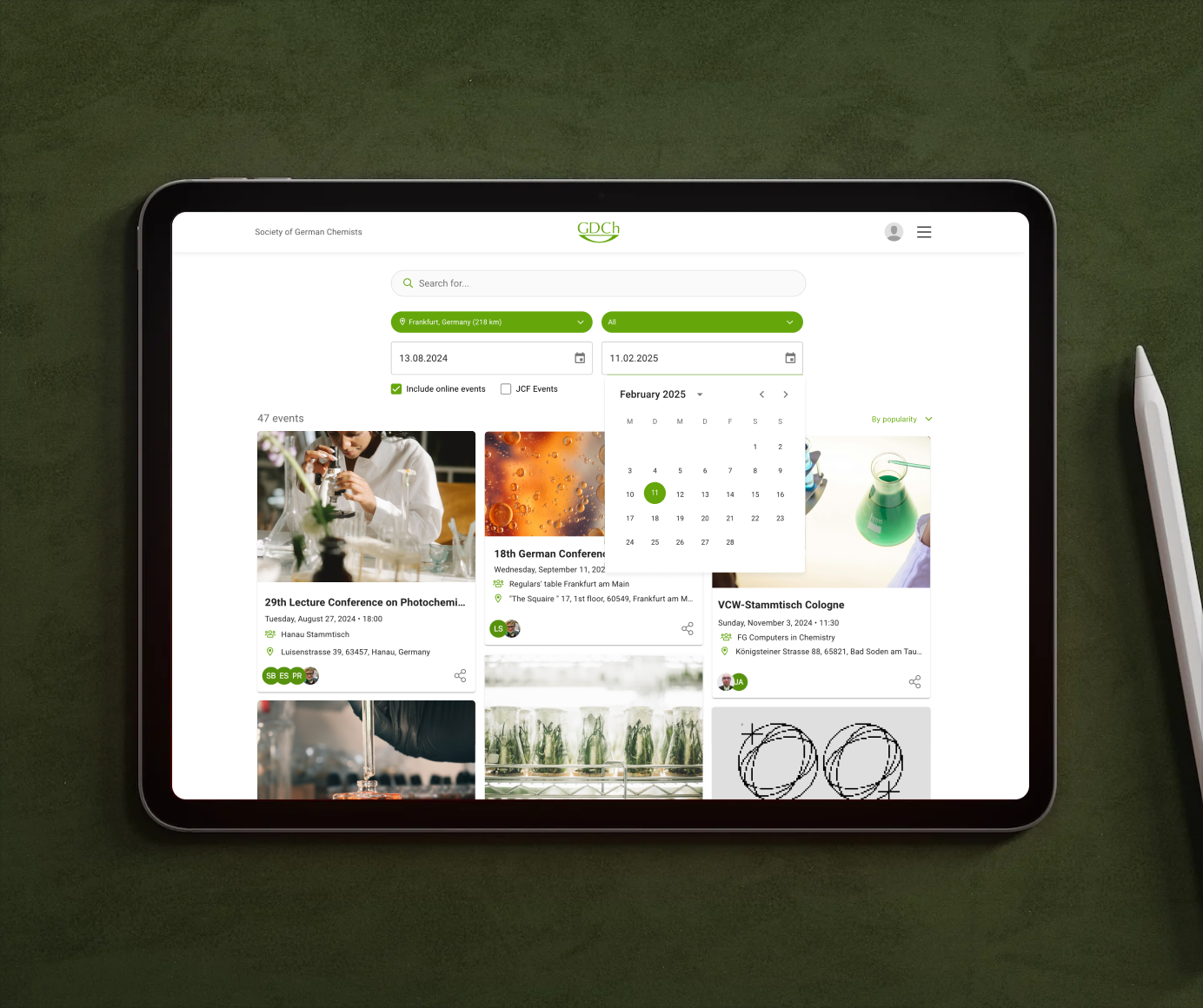 Tablet displaying the GDCh events page with multiple event cards in a clean, responsive layout.