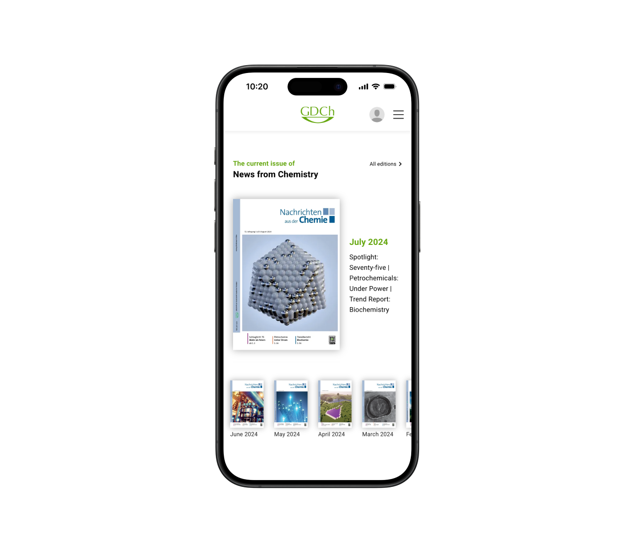 Mobile app displaying the latest issue of a chemistry journal with cover artwork and publication details.