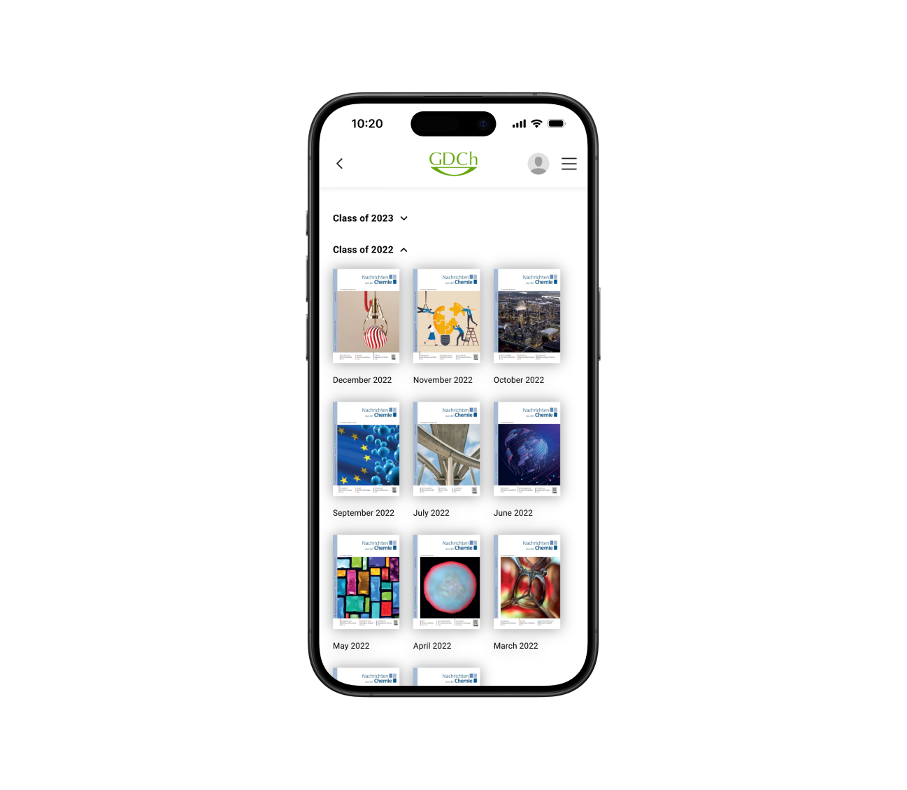 Mobile displaying a grid of scientific journal covers within the GDCh digital library.