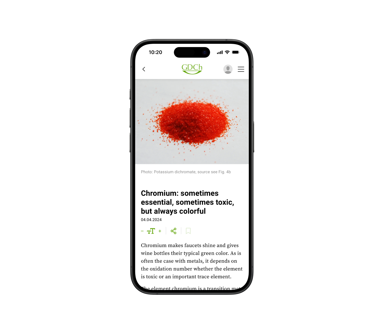 Mobile app displaying the latest issue of a chemistry journal with cover artwork and publication details.