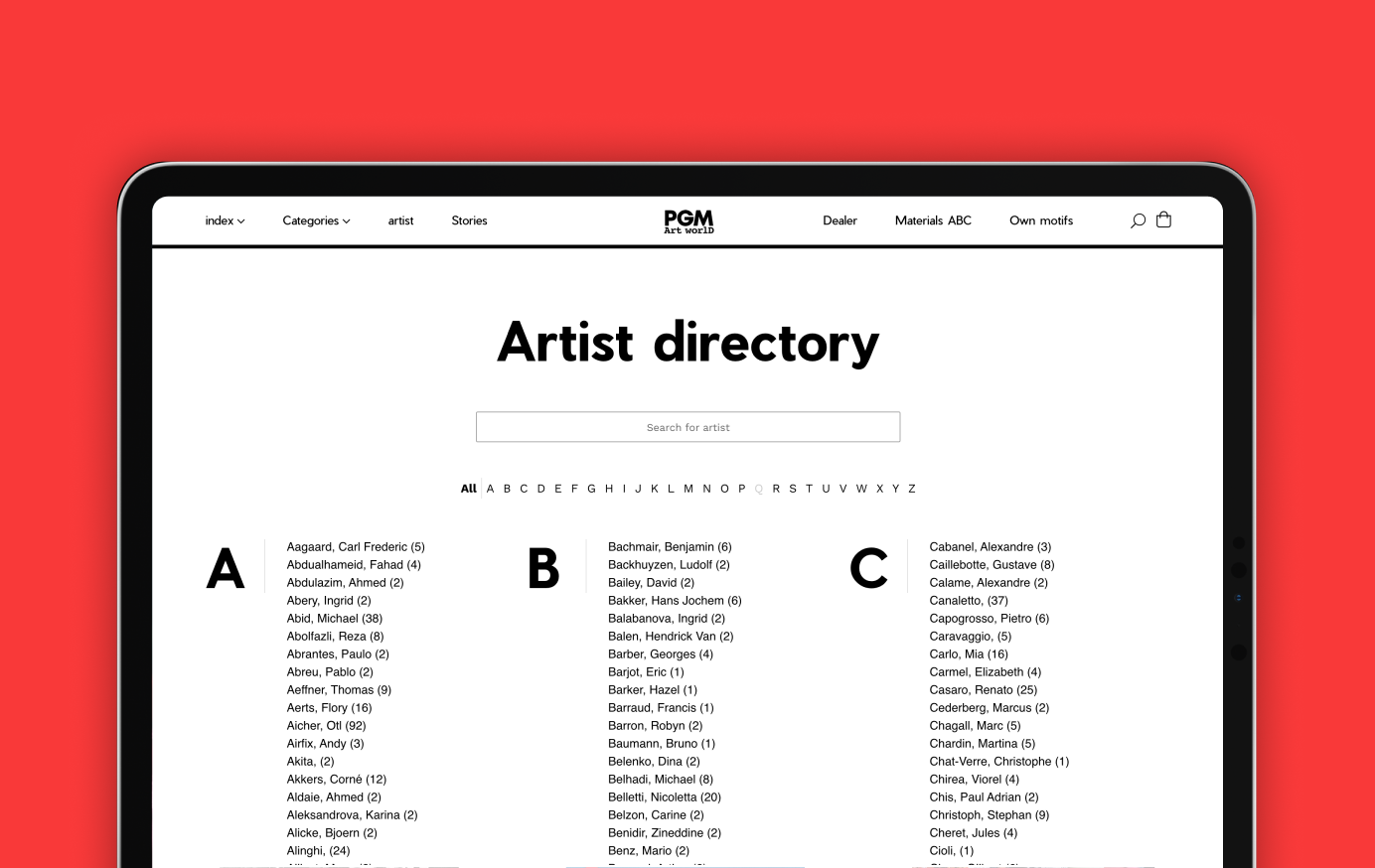 Desktop views of the PGM Art World online shop featuring artwork browsing, filters and a product detail page.