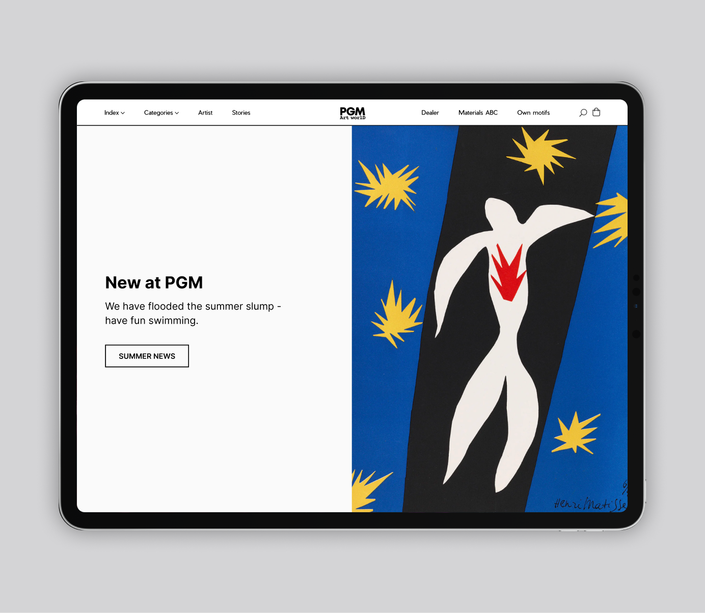 Desktop views of the PGM Art World online shop featuring artwork browsing, filters and a product detail page.
