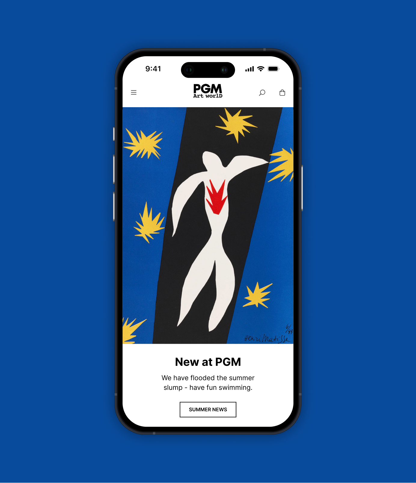 Mobile views of the PGM Art World online store showing artwork collections, filters, product details and print information.