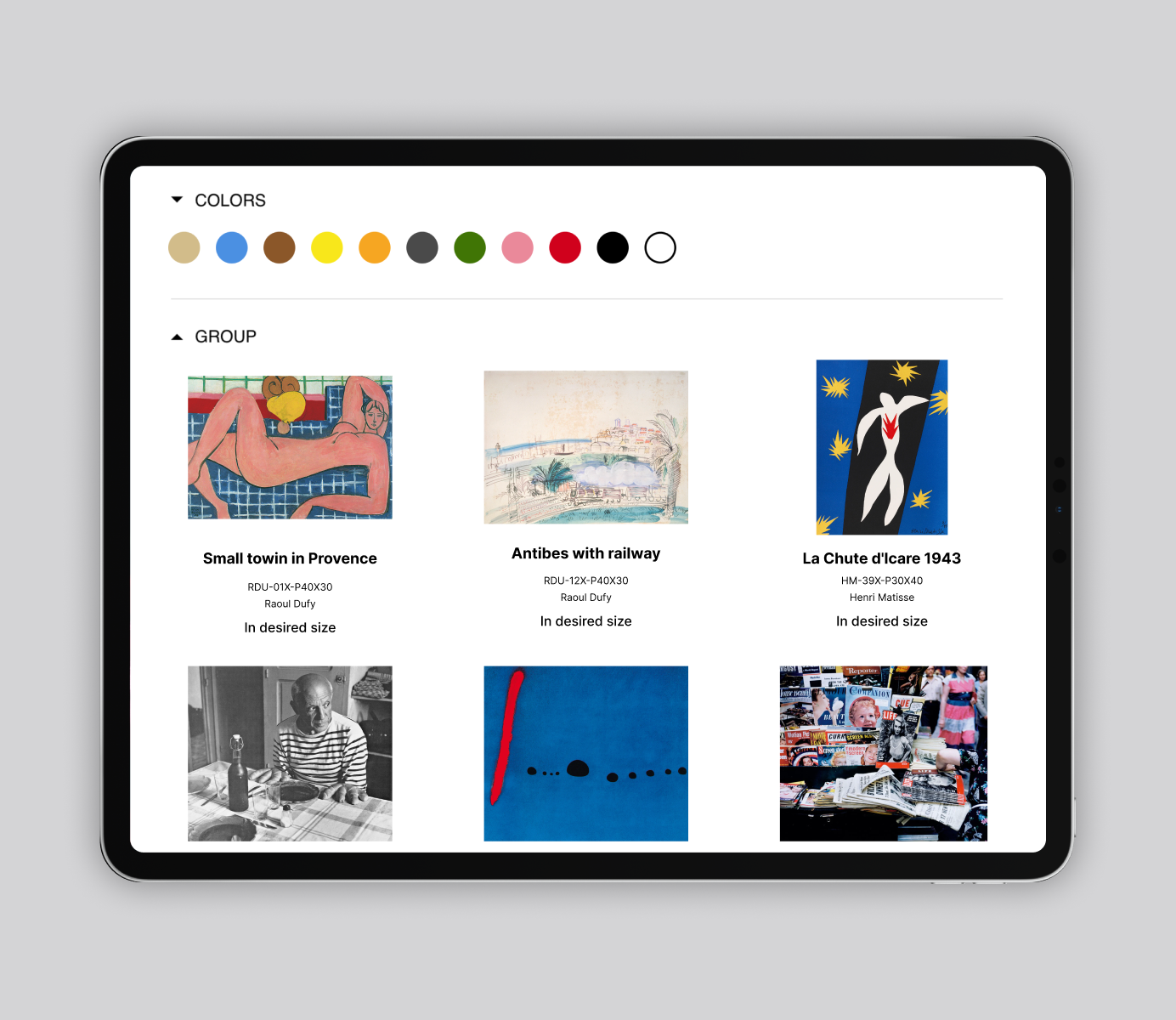 Desktop views of the PGM Art World online shop featuring artwork browsing, filters and a product detail page.