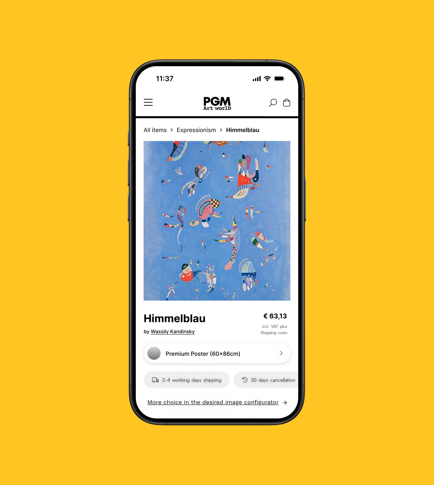 Mobile views of the PGM Art World online store showing artwork collections, filters, product details and print information.
