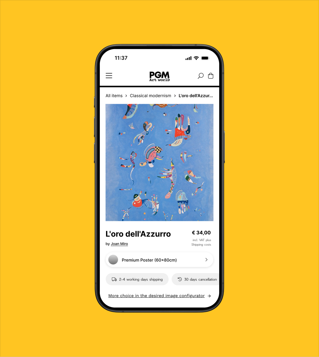 Mobile views of the PGM Art World online store showing artwork collections, filters, product details and print information.