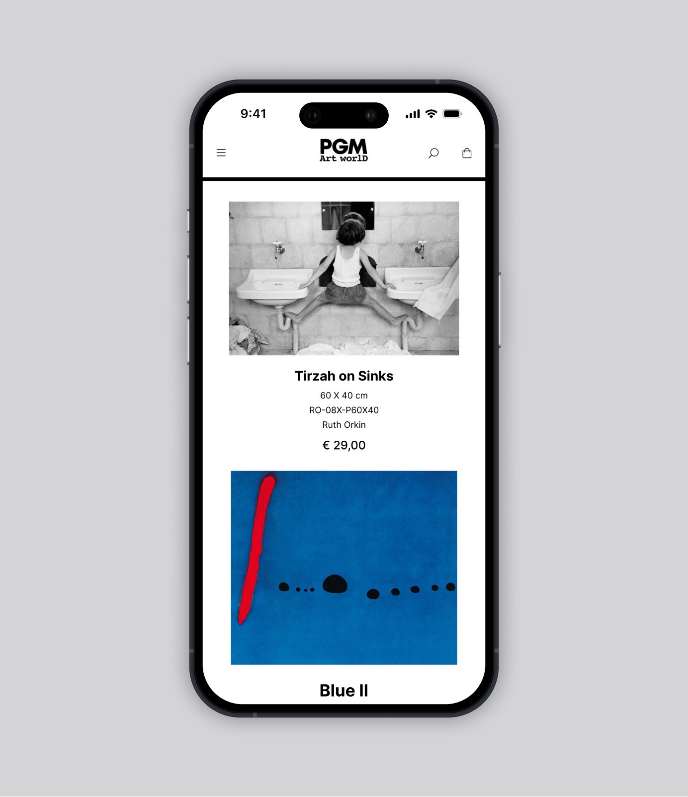 Mobile views of the PGM Art World online store showing artwork collections, filters, product details and print information.