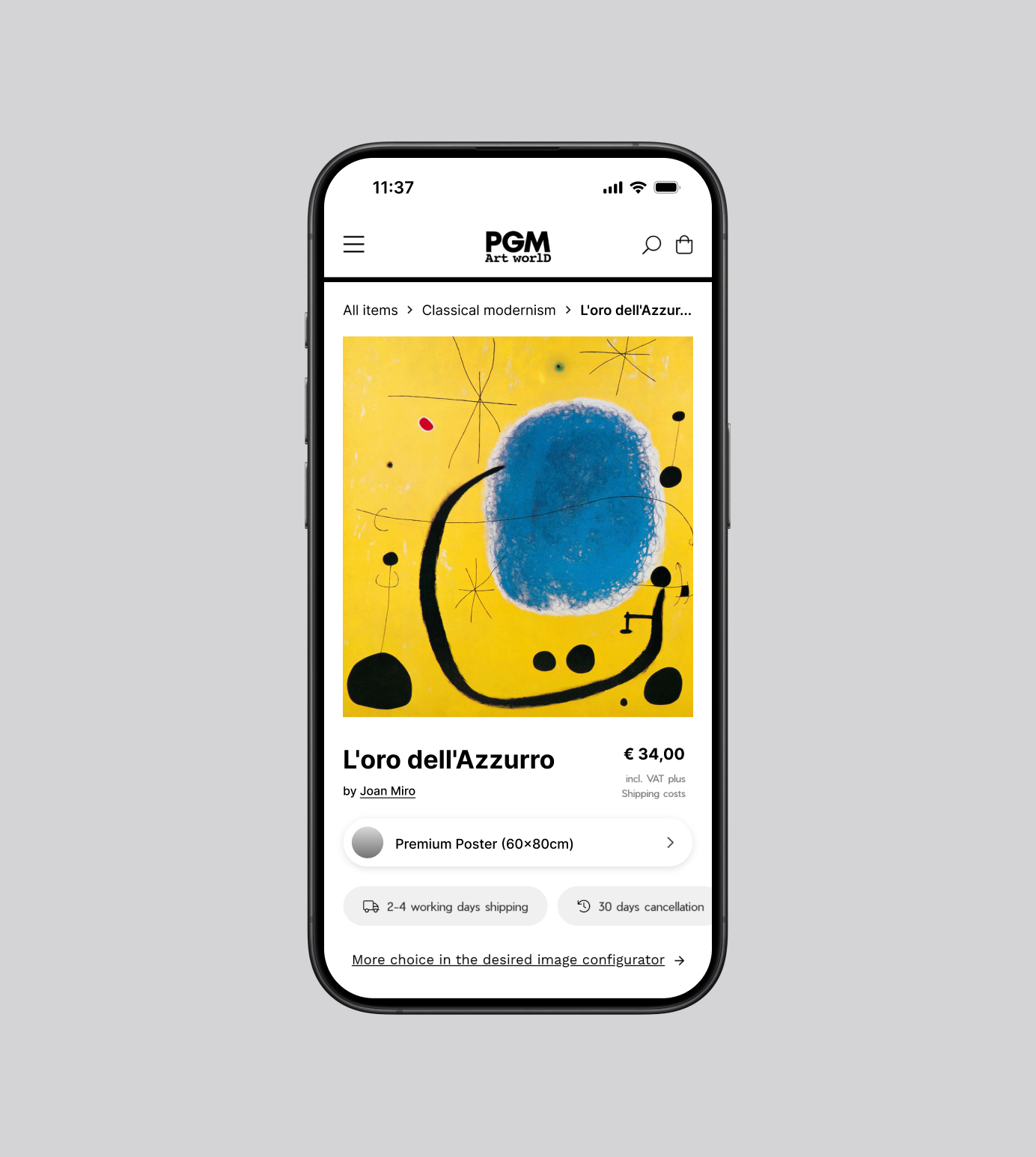 Mobile views of the PGM Art World online store showing artwork collections, filters, product details and print information.