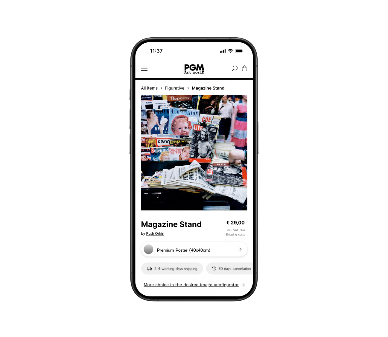 Mobile views of the PGM Art World online store showing artwork collections, filters, product details and print information.