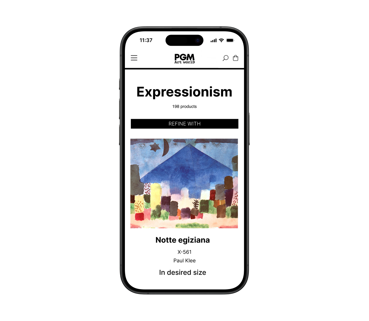 Mobile views of the PGM Art World online store showing artwork collections, filters, product details and print information.