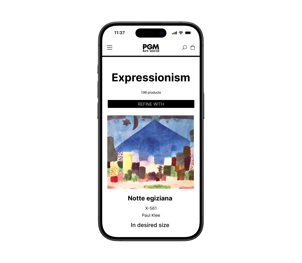 Mobile views of the PGM Art World online store showing artwork collections, filters, product details and print information.