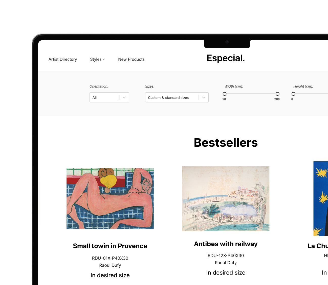 Desktop views of the PGM Art World online shop featuring artwork browsing, filters and a product detail page.