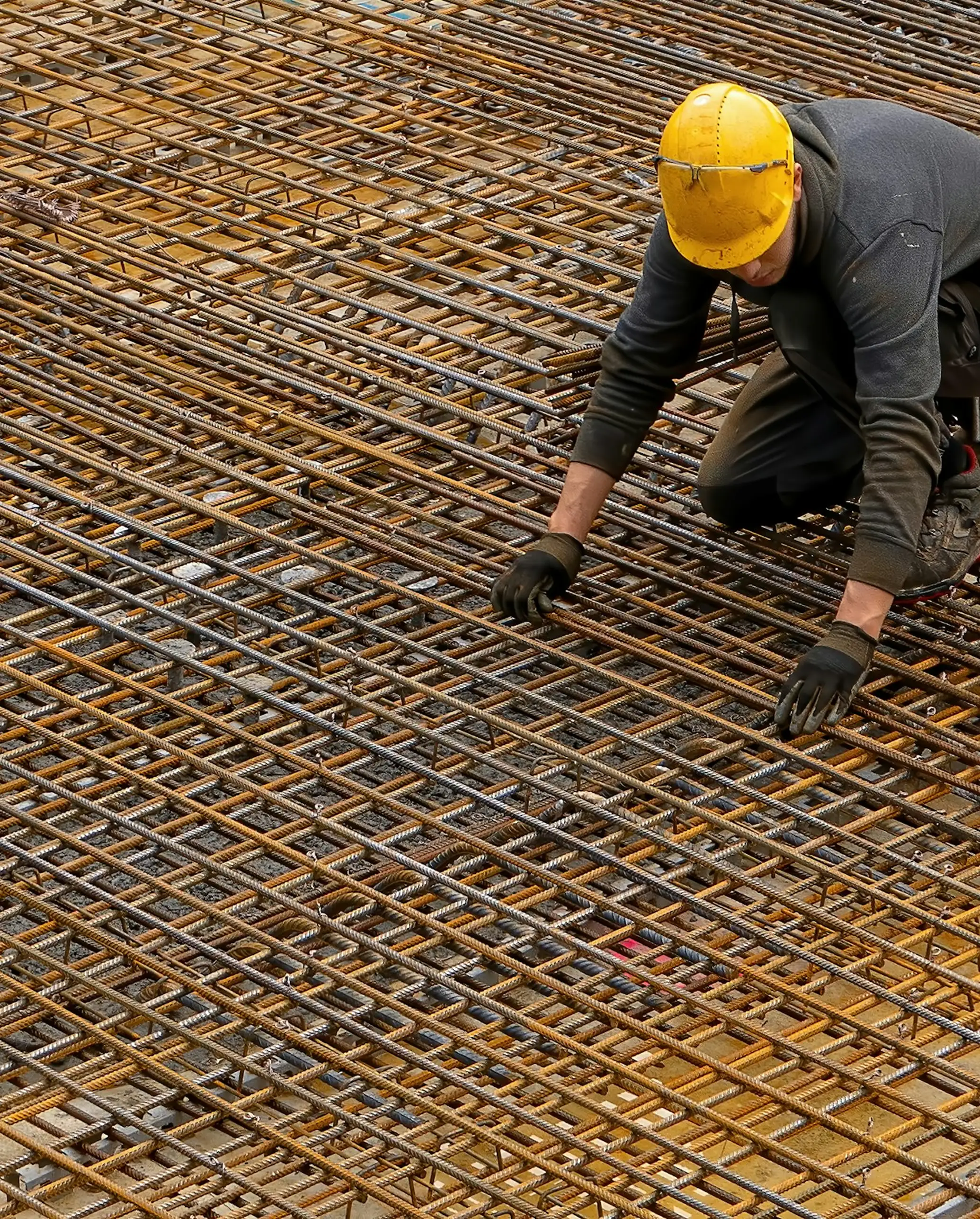 Construction worker wearing yellow helmet arranging metal rebar on a concrete foundation.