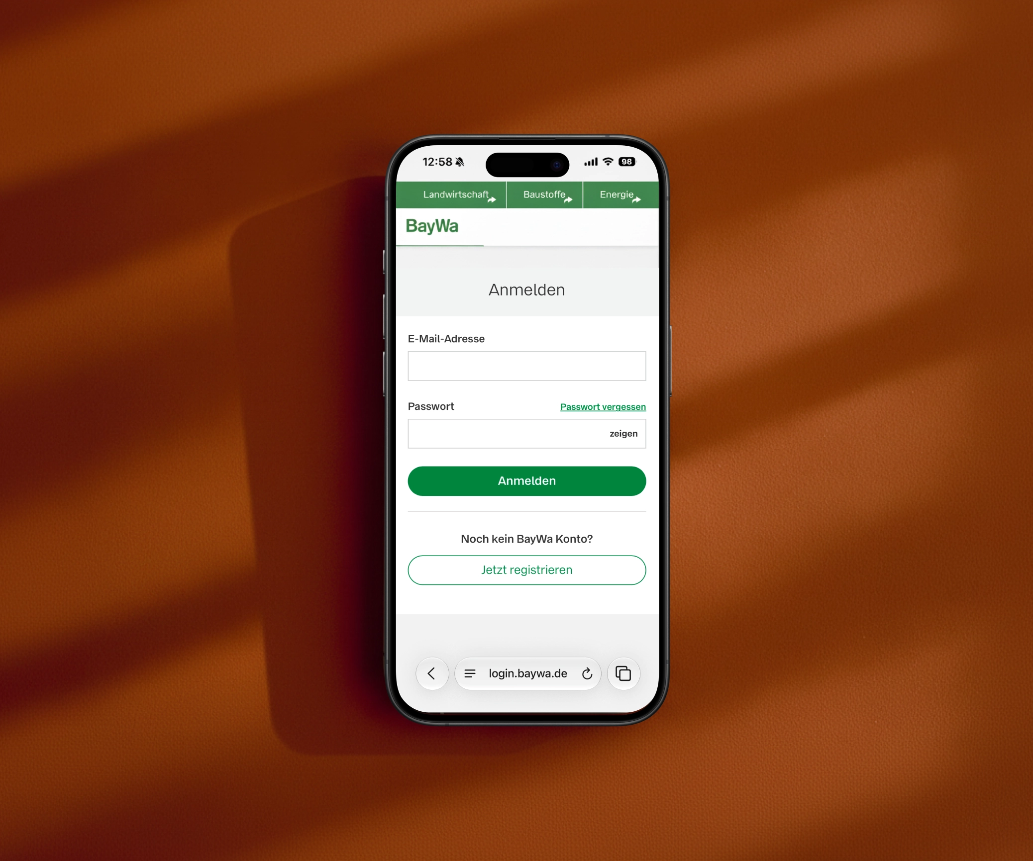Smartphone screen shows BayWa login page with email and password fields.