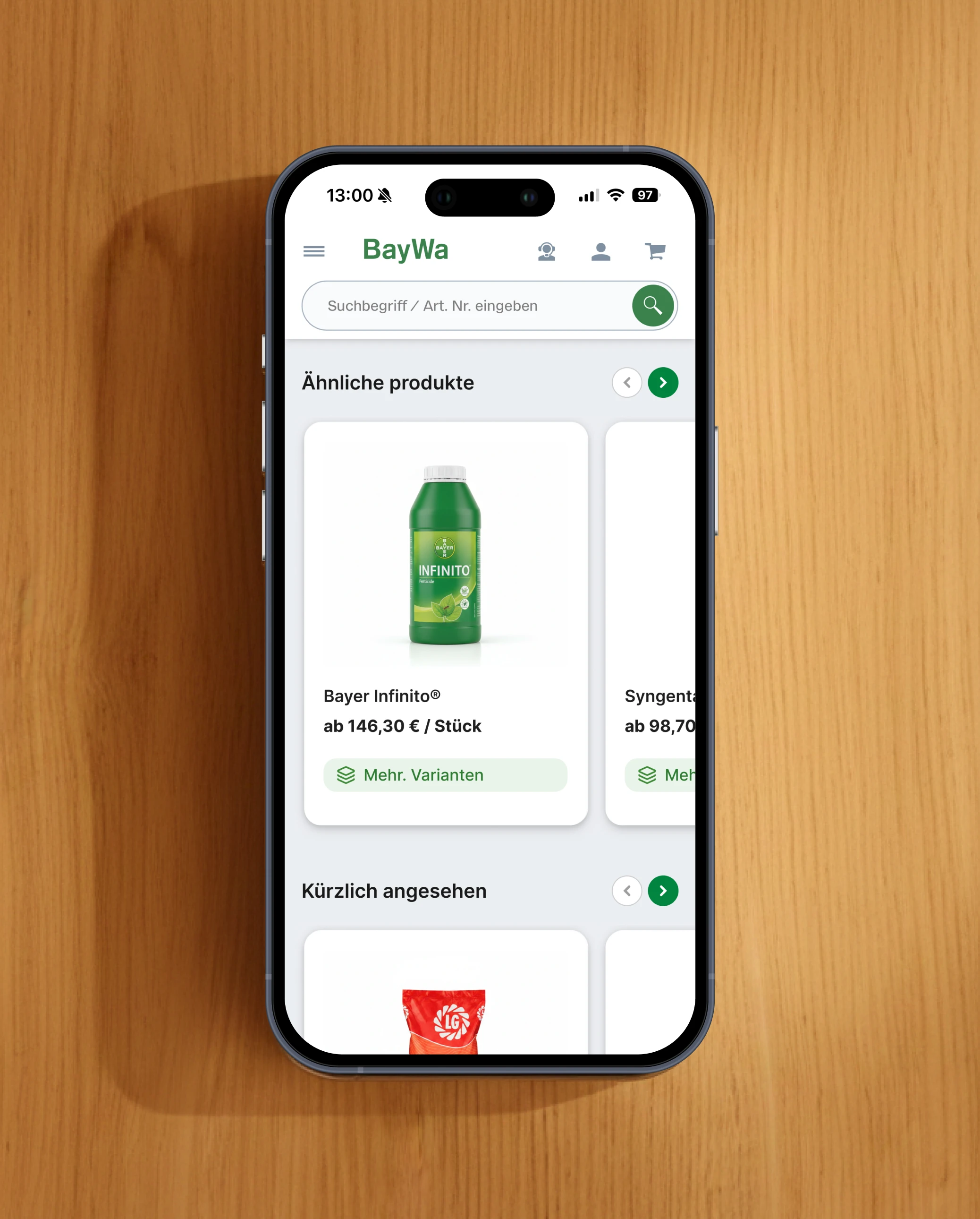 Smartphone screen showing BayWa product cards with recommended and related products.