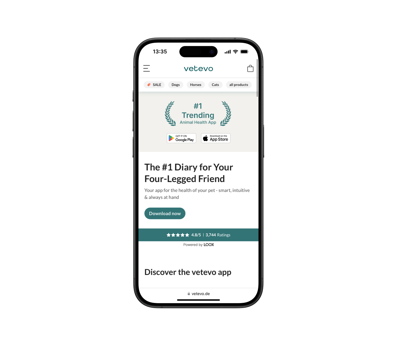 Mobile promotional banner encouraging users to download the Vetevo app with illustration, supporting text, and call-to-action button.