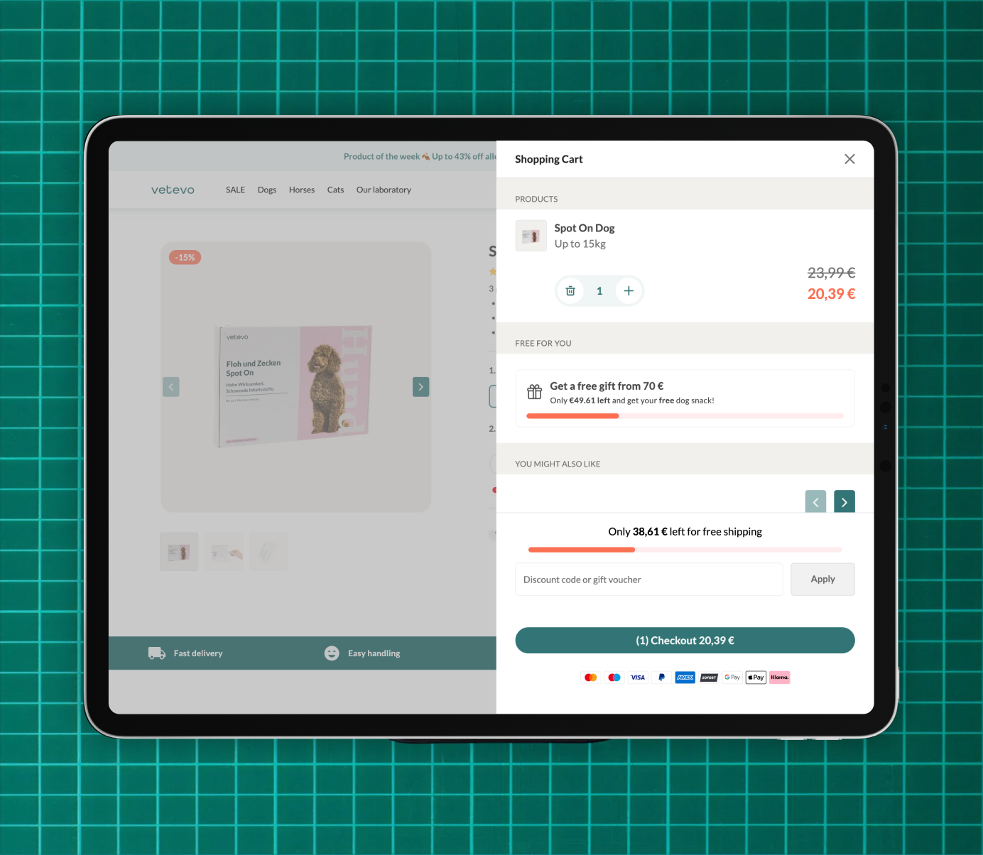 Desktop shopping cart sidebar showing selected products, recommended items, discount code field, and checkout button.