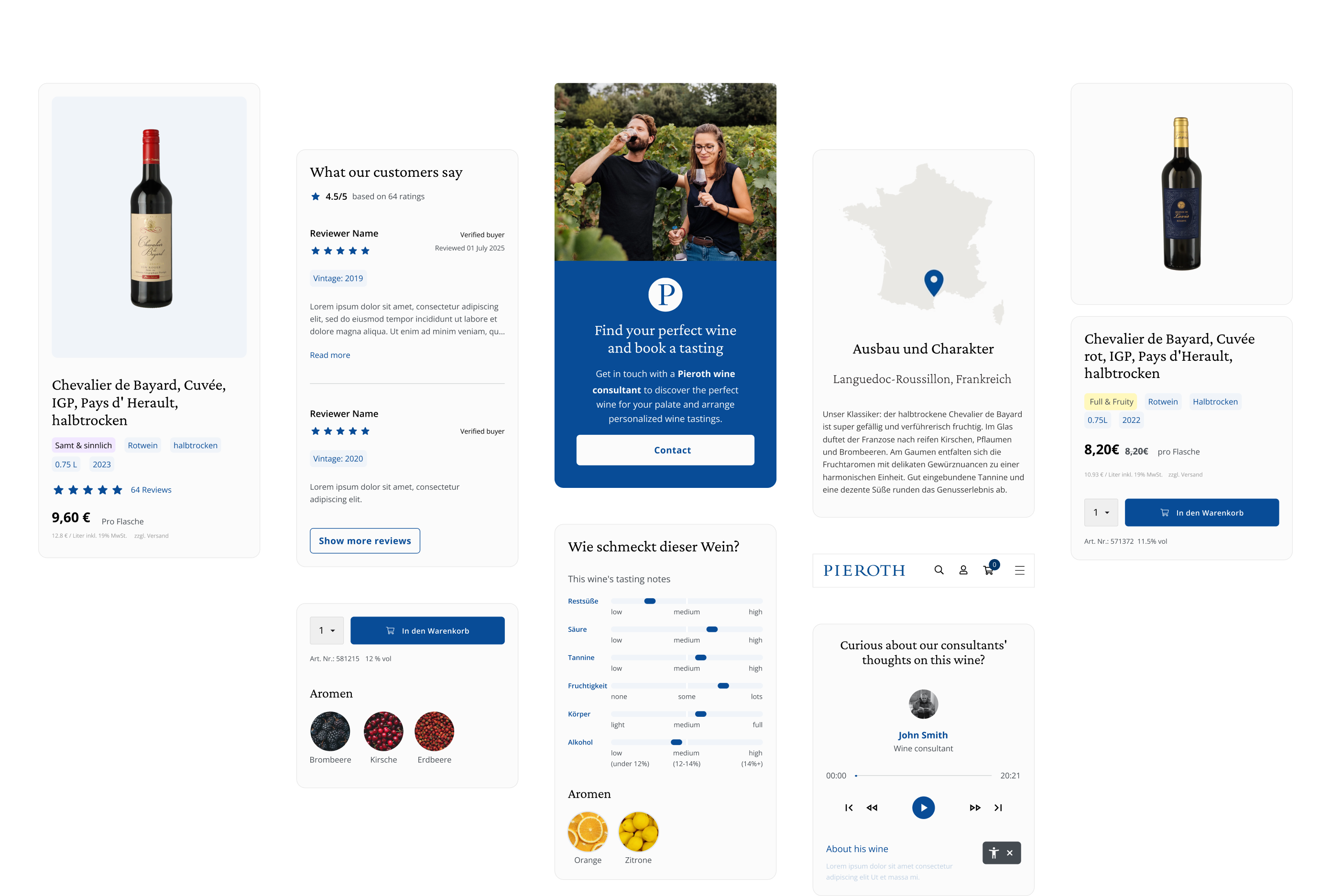 Collage of Pieroth e-commerce interface components, including product cards, customer reviews, wine tasting notes, region information, consultant booking, and shopping cart elements.