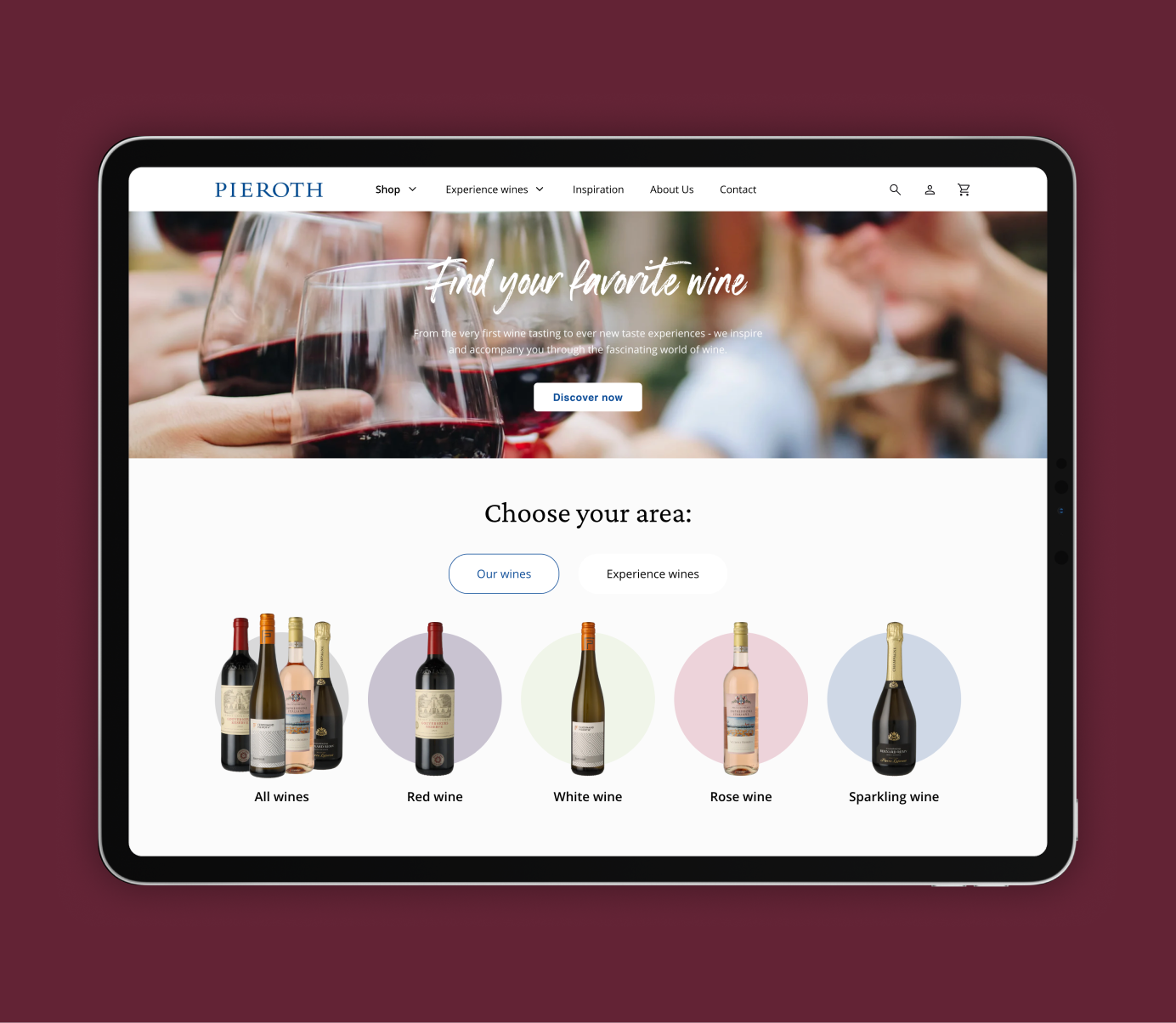Tablet homepage of the Pieroth online wine shop featuring a hero banner, wine categories, and product navigation.