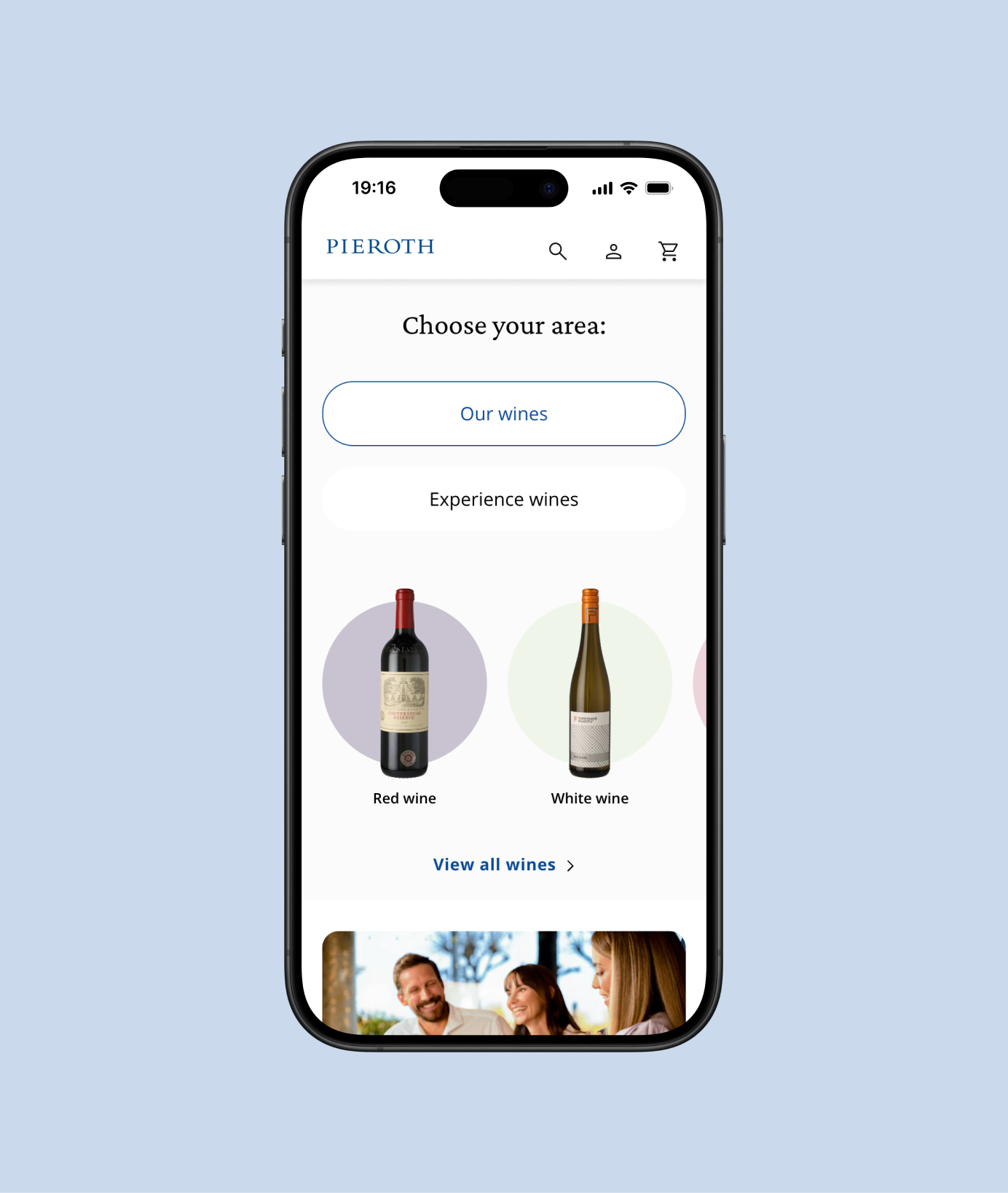 Mobile homepage of the Pieroth online wine shop with wine category selection, featured products, and navigation.