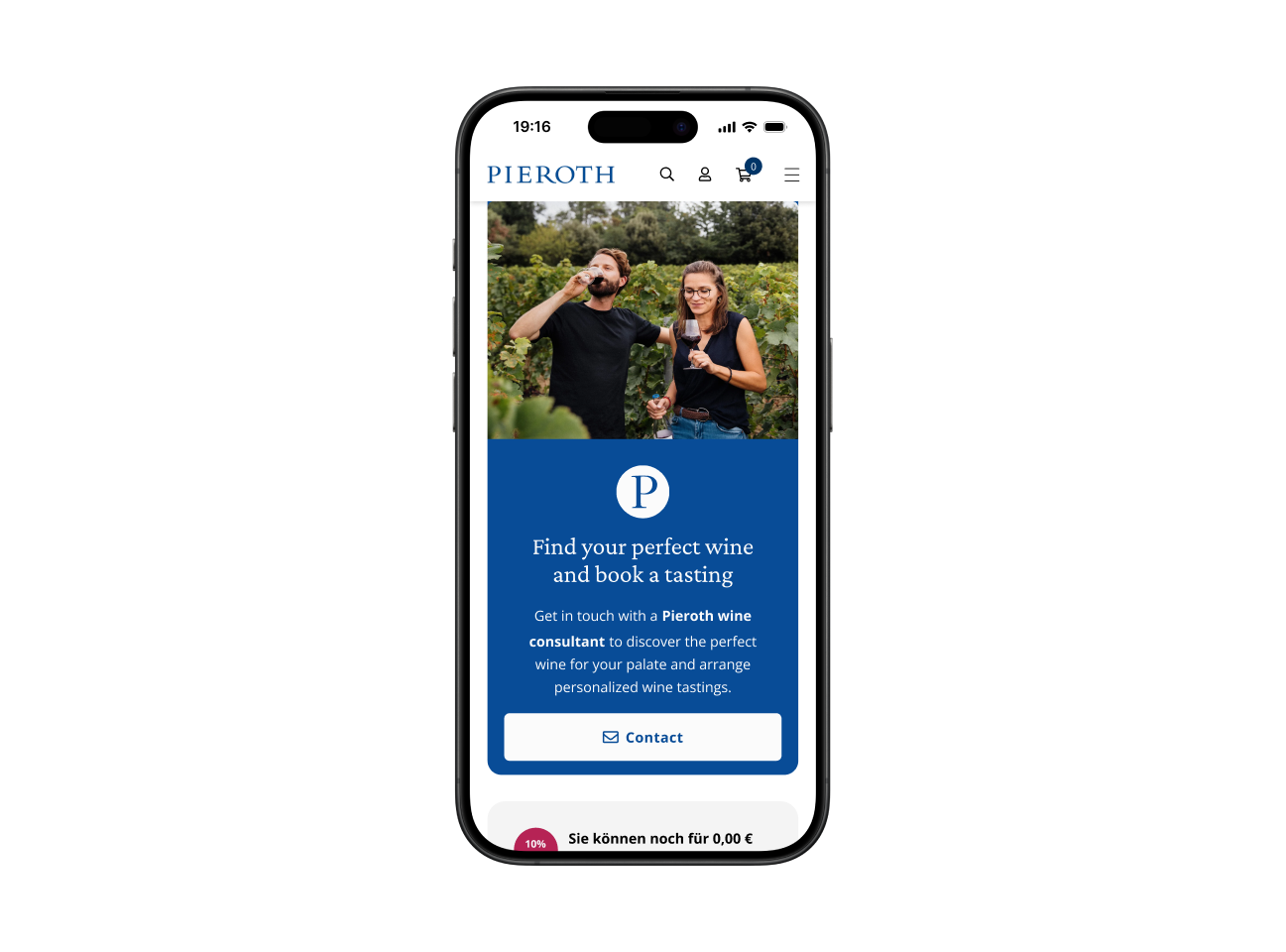 Mobile page promoting personalized wine consultations and wine tasting bookings with a contact button.