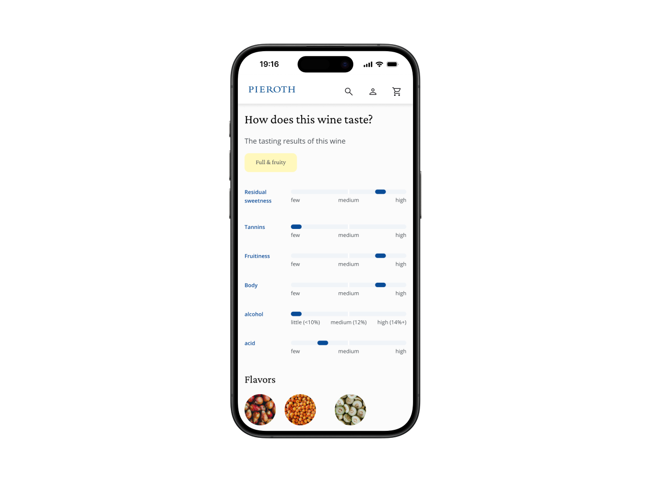 Mobile wine product page showing tasting characteristics with sweetness, tannins, fruitiness, body, alcohol, acidity, and flavor indicators.