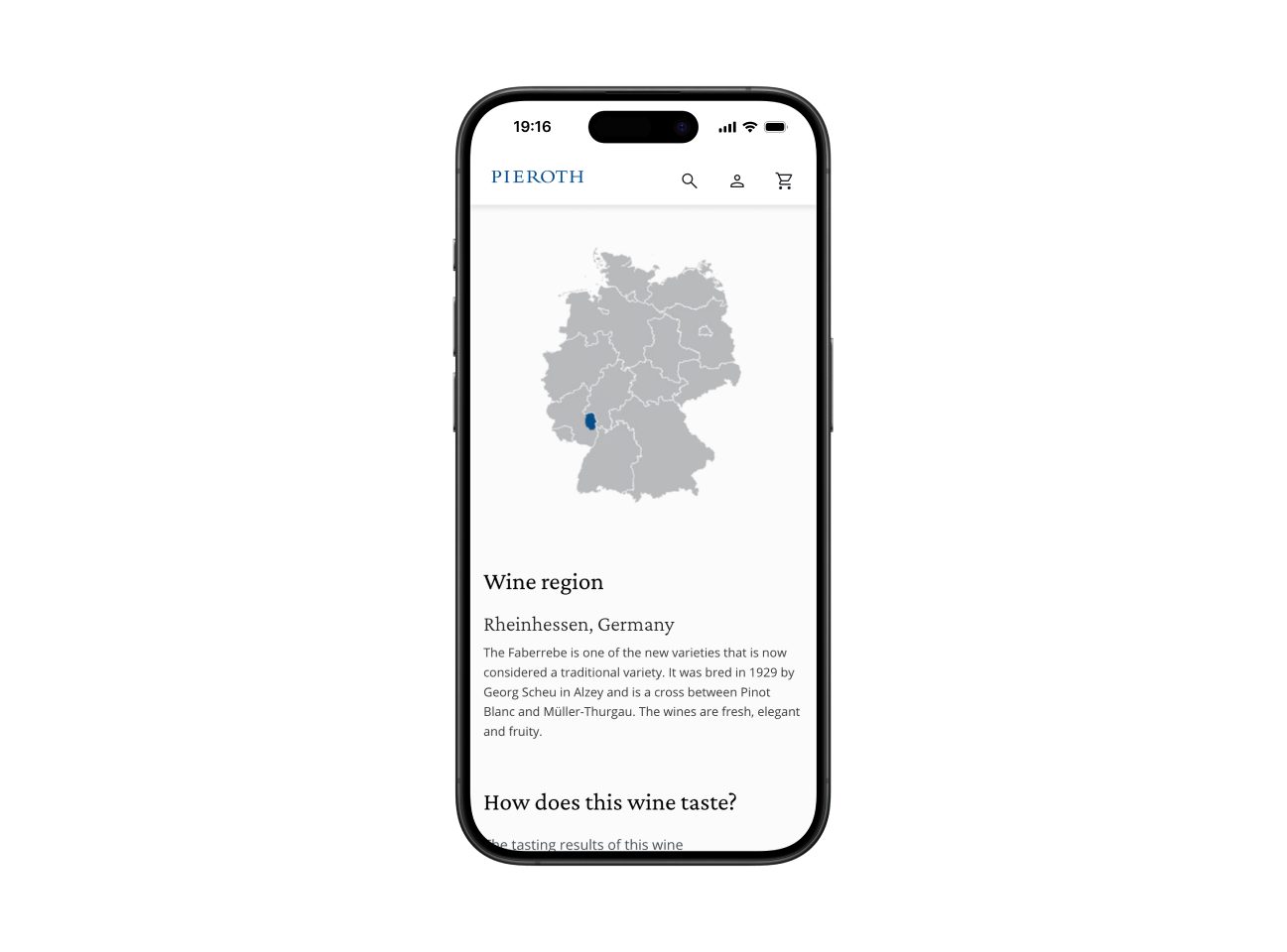 Mobile product page showing the wine's region on a map with information about the vineyard and origin.