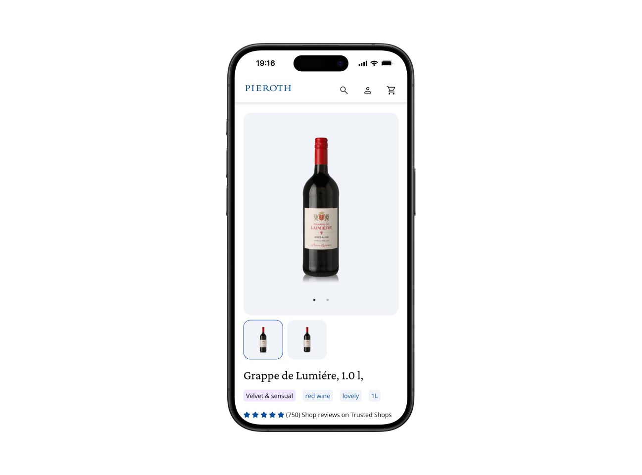 Mobile product page displaying a wine bottle gallery, product images, and wine details.