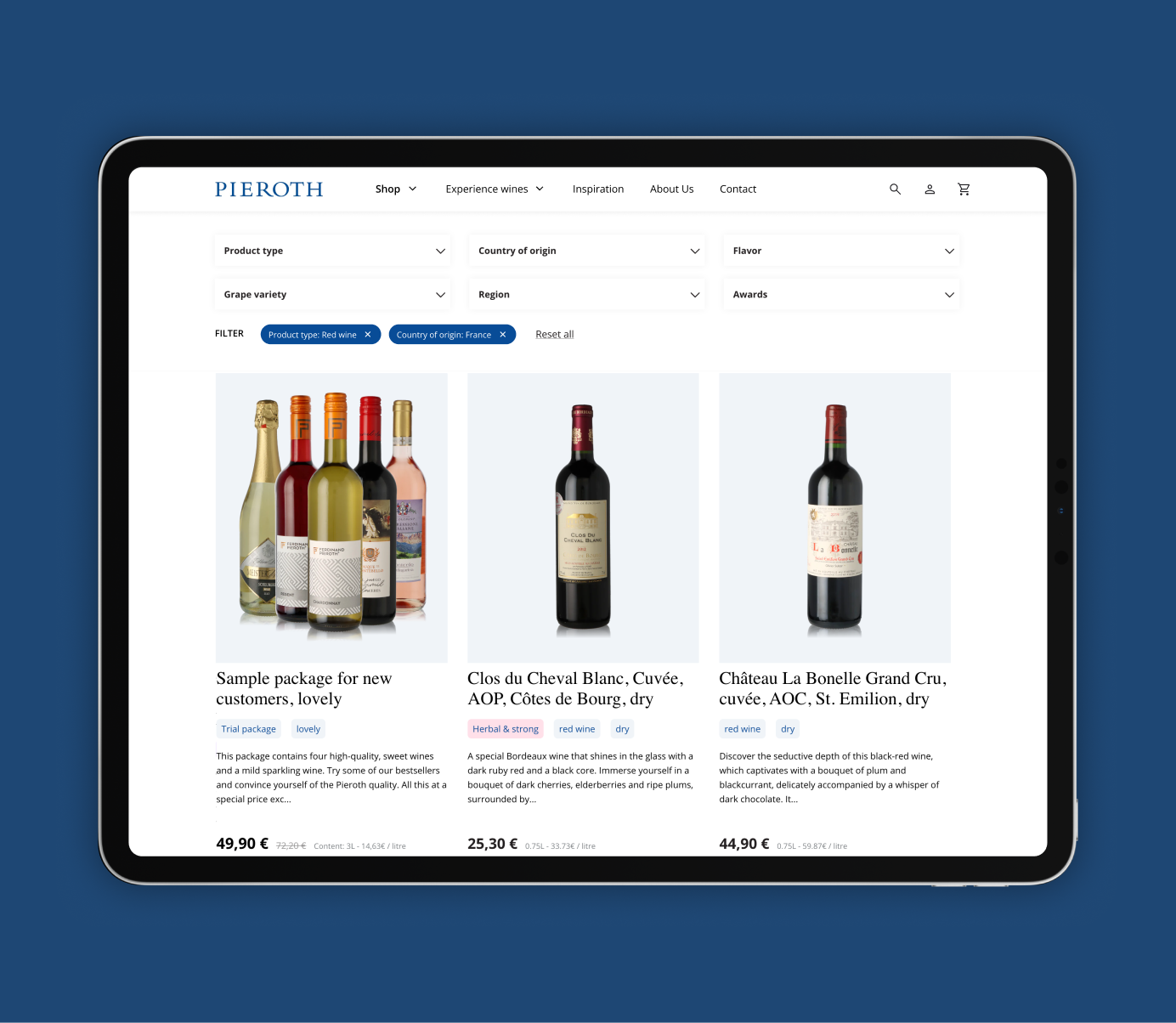 Tablet product listing page with wine filters, product cards, pricing, and category tags.