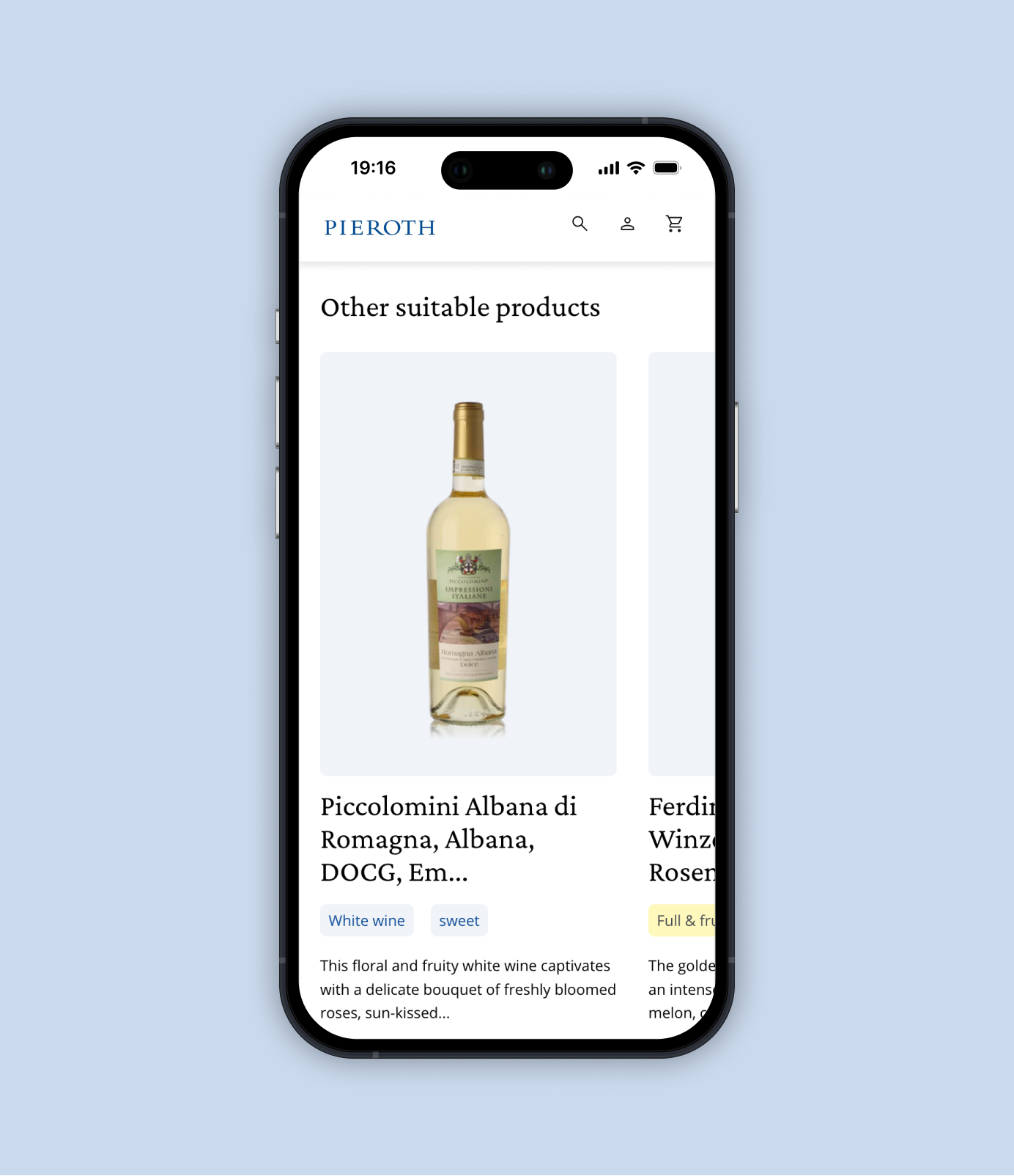 Mobile product page featuring recommended wines in a horizontally scrollable product carousel.