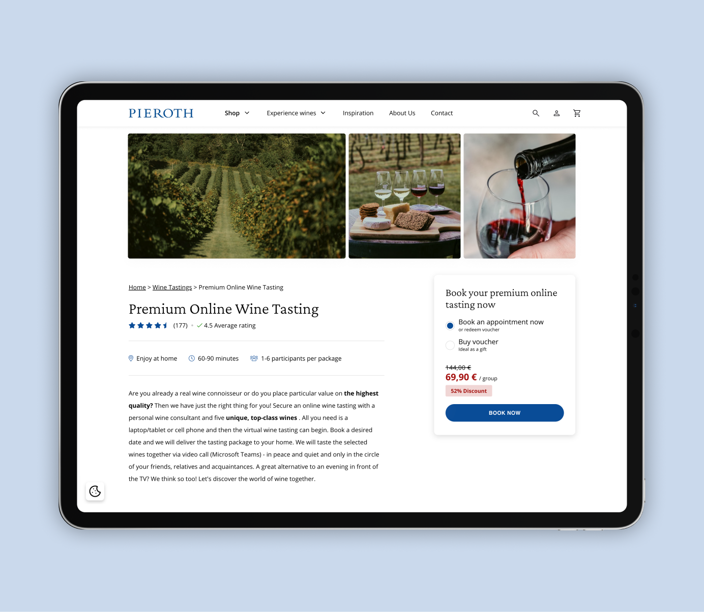 Tablet page for booking a premium online wine tasting experience with event details, pricing, and booking options.