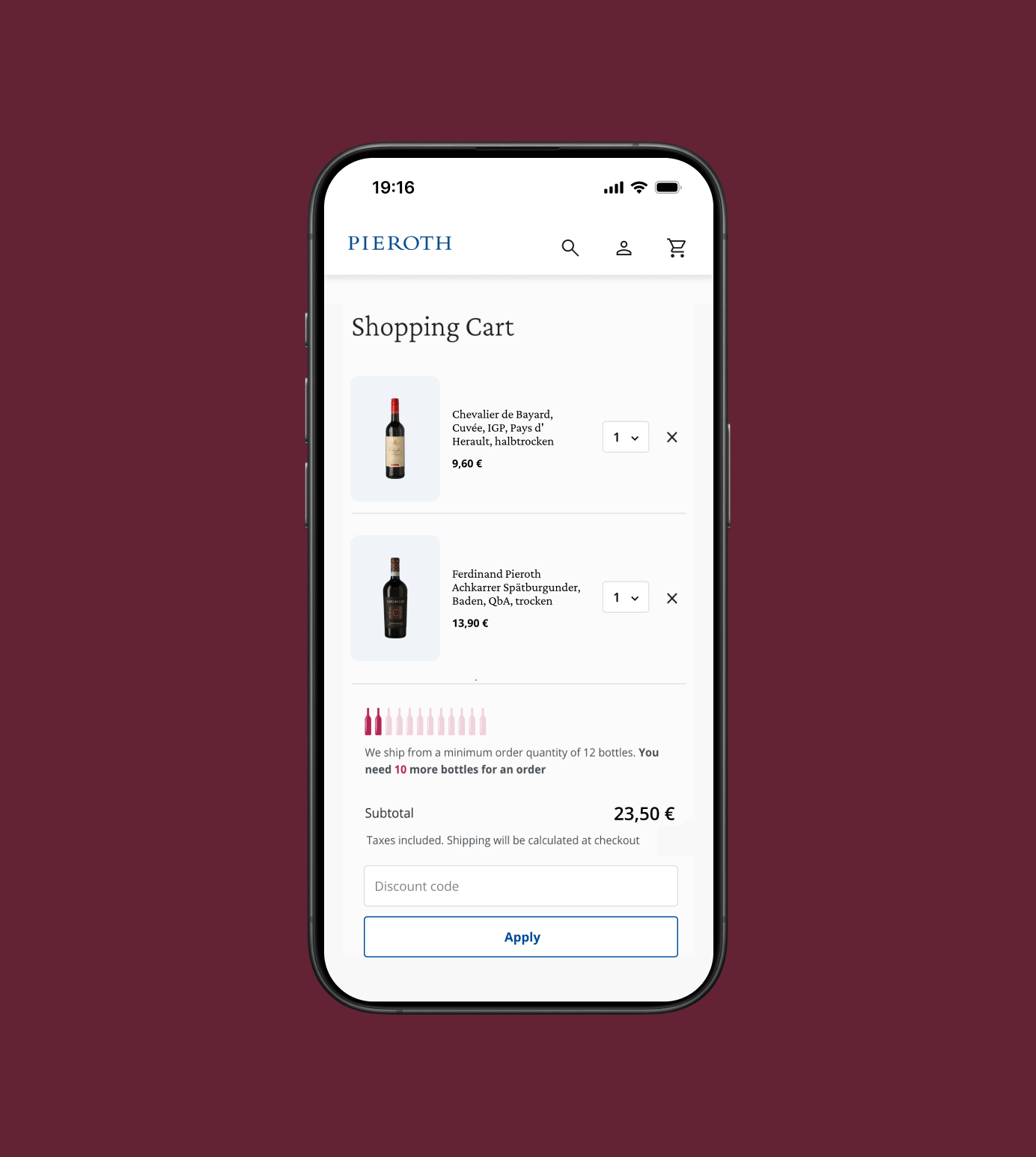 Mobile shopping cart displaying selected wine bottles, quantities, subtotal, and discount code field.