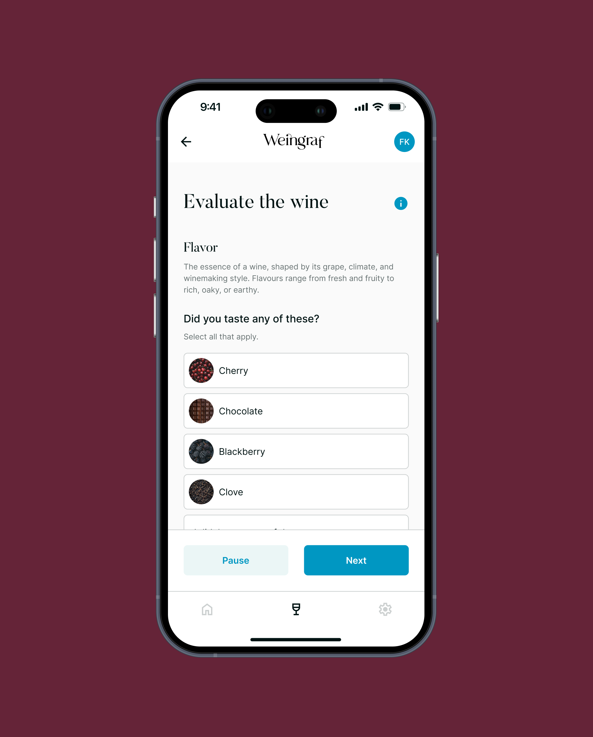 Bewertungsbildschirm der Wein-App, auf dem Nutzerinnen und Nutzer angeben, welche Aromen sie im Wein erkannt haben.