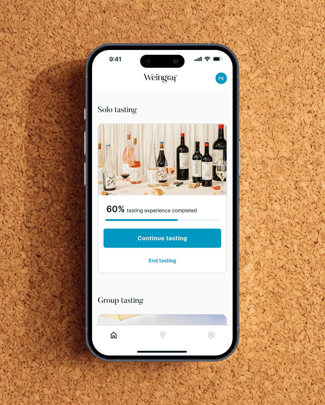 Smartphone-Mockup der Startseite der Weingraf-App mit dem Fortschritt der Weinverkostung, einer Fortschrittsanzeige und einer gut sichtbaren Handlungsaufforderung.