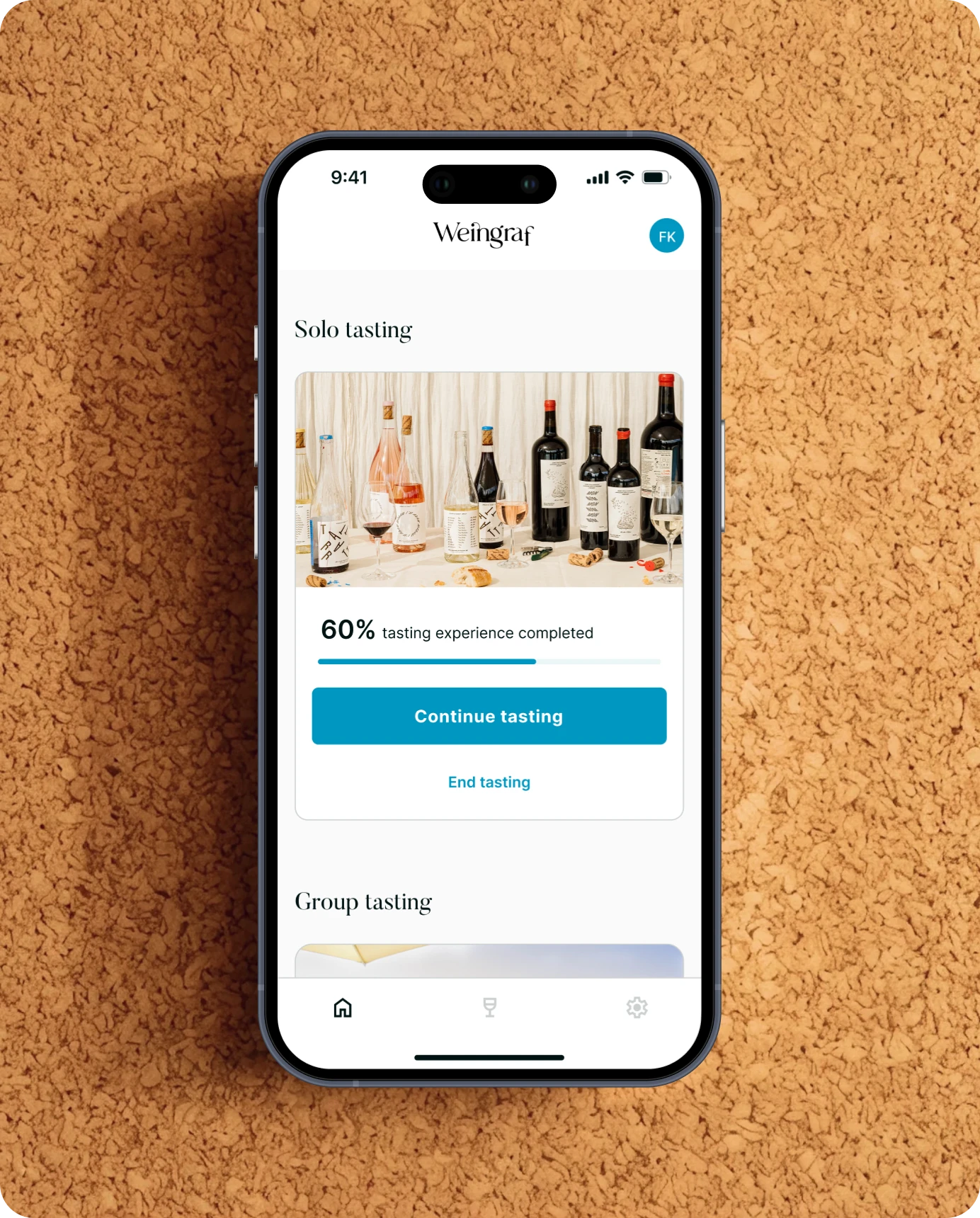 Smartphone-Mockup der Startseite der Weingraf-App mit dem Fortschritt der Weinverkostung, einer Fortschrittsanzeige und einer gut sichtbaren Handlungsaufforderung.